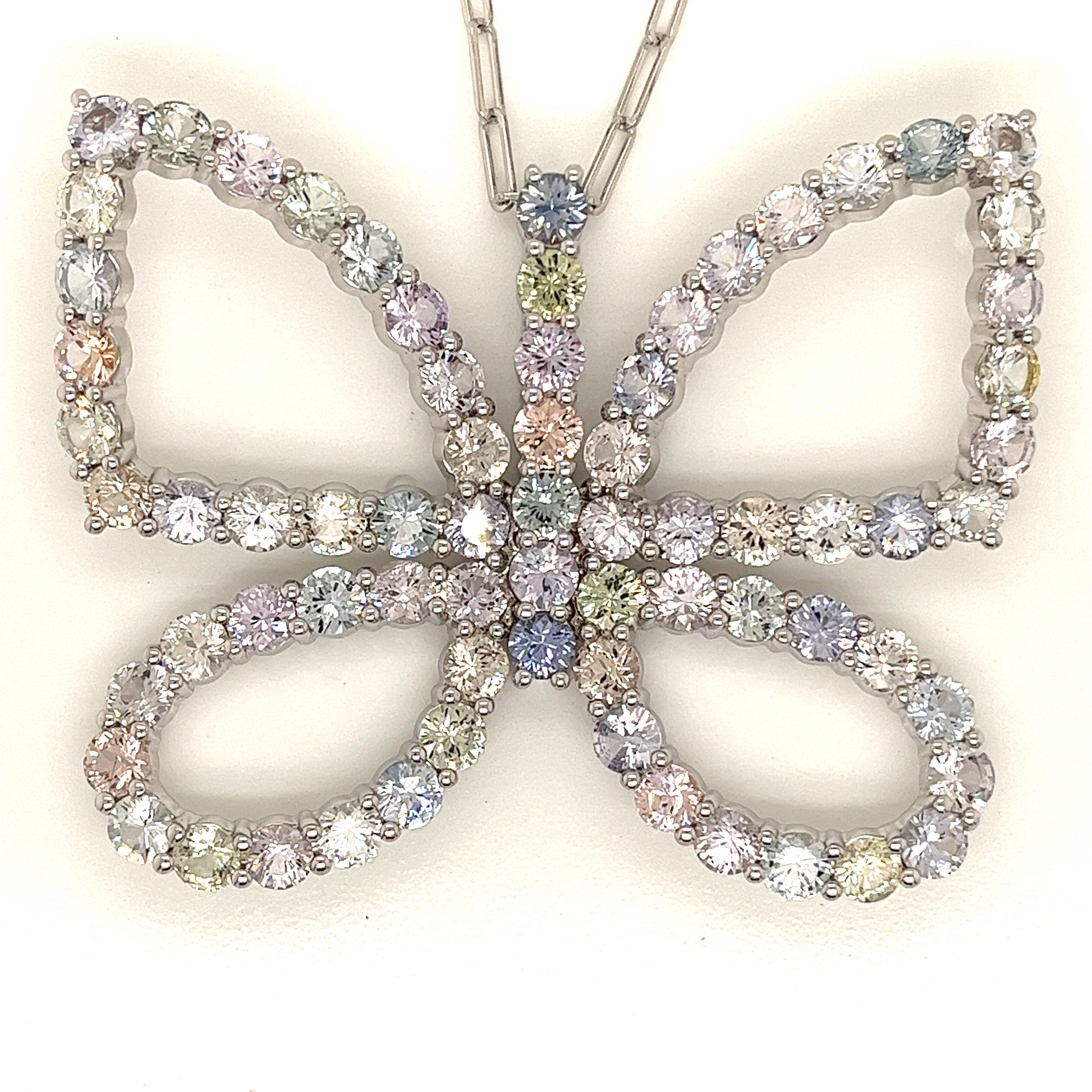 Round Cut Multi-Colored Sapphire Butterfly Necklace in 18 Karat White Gold For Sale