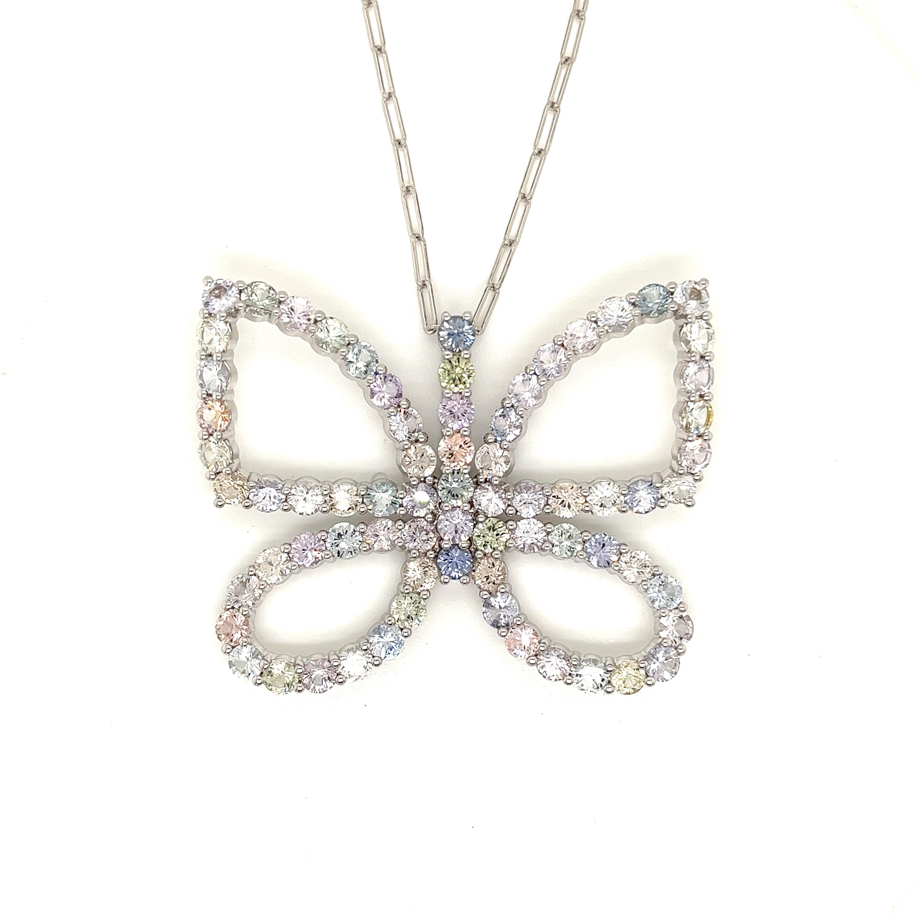 Multi-Colored Sapphire Butterfly Necklace in 18 Karat White Gold In New Condition For Sale In Great Neck, NY