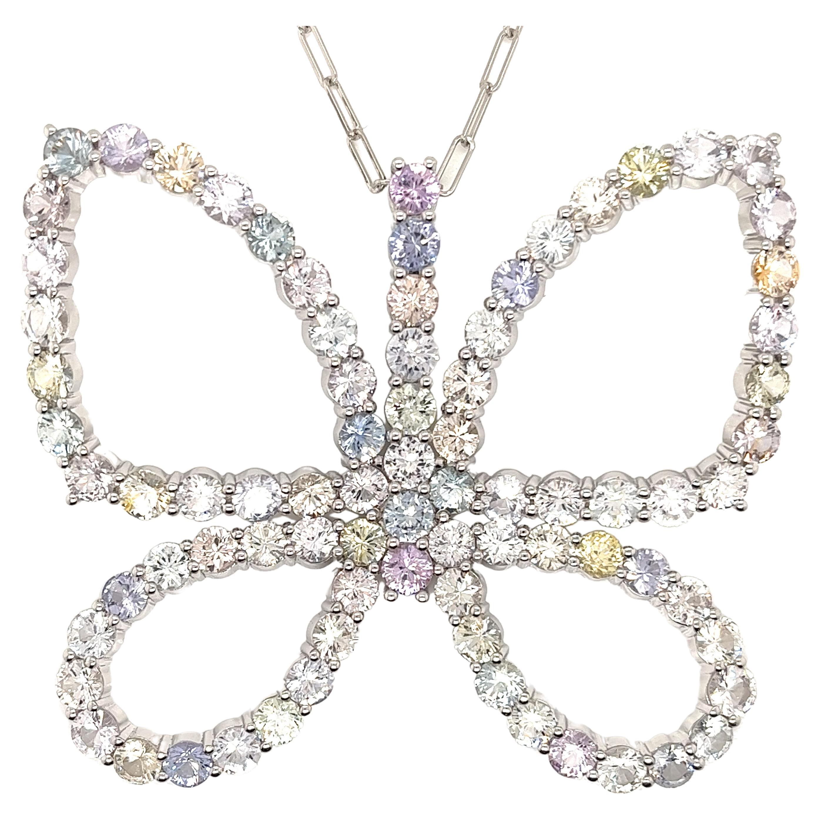 Multi-Colored Sapphire Butterfly Necklace in 18 Karat White Gold For Sale