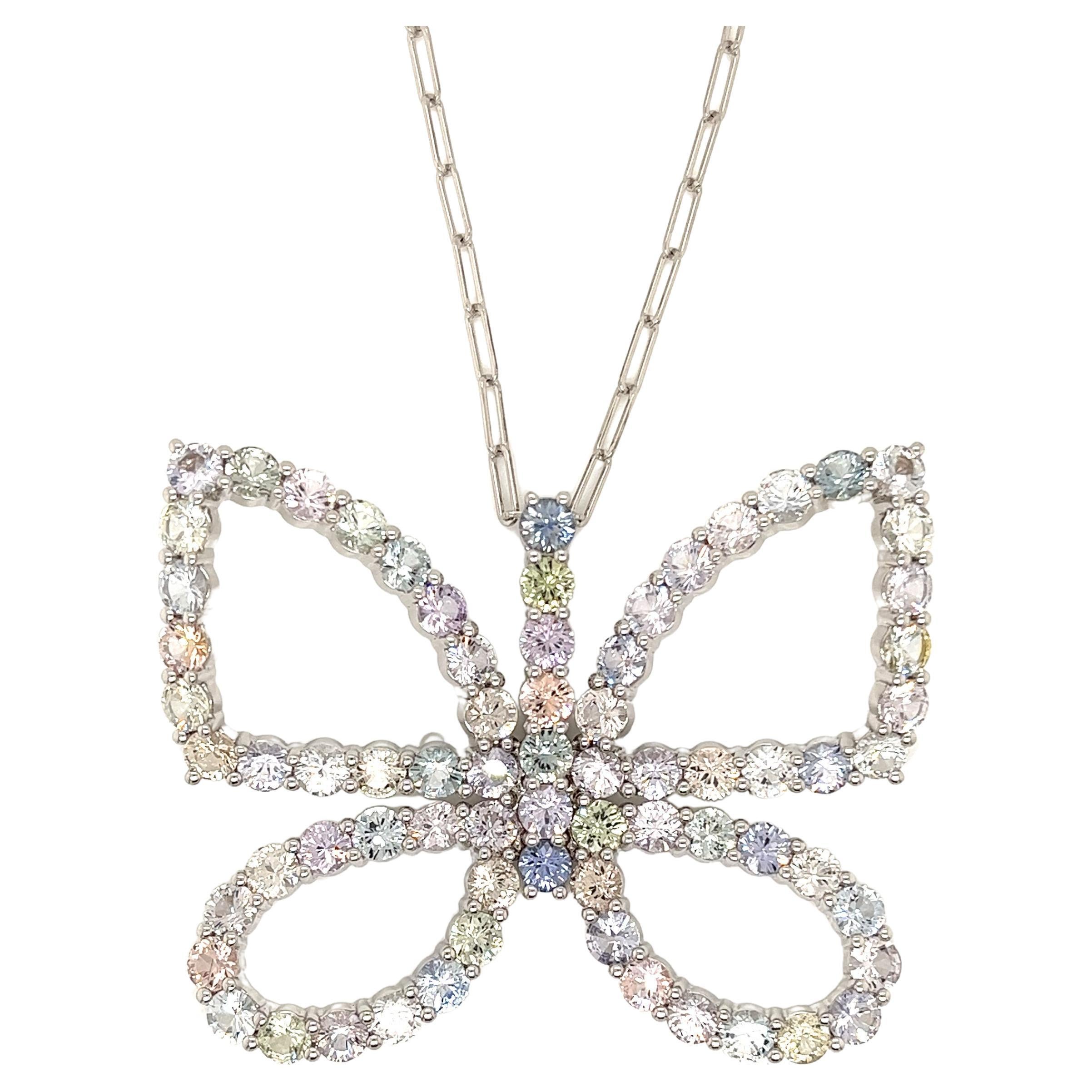 Multi-Colored Sapphire Butterfly Necklace in 18 Karat White Gold For Sale