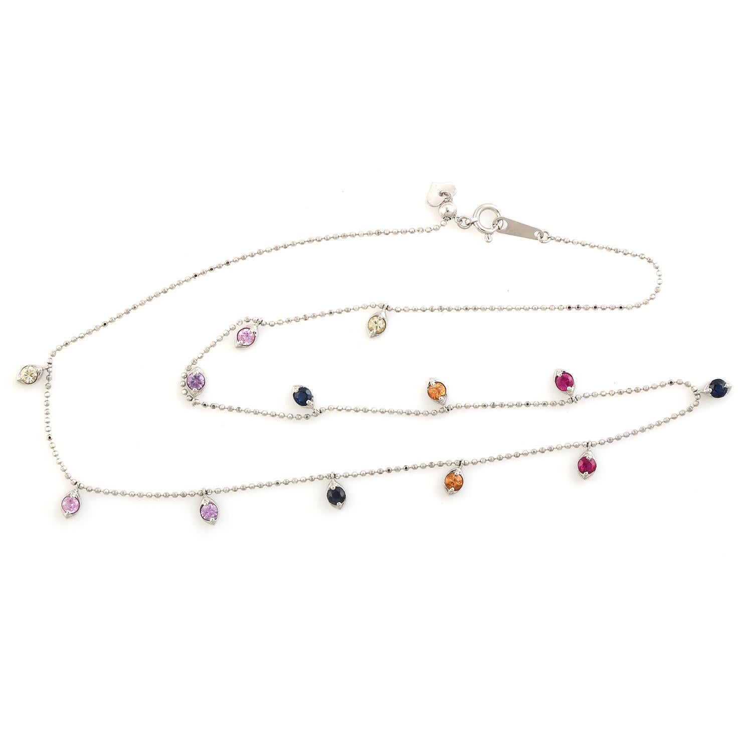 Art Deco Multi Colored Sapphire Chain Necklace Made In 18k White Gold For Sale