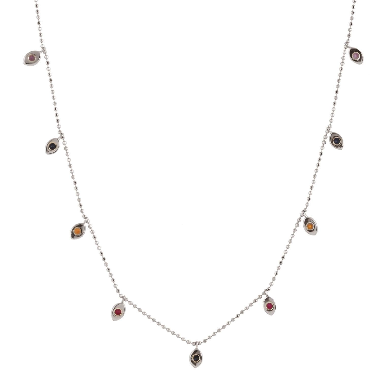 Mixed Cut Multi Colored Sapphire Chain Necklace Made In 18k White Gold For Sale