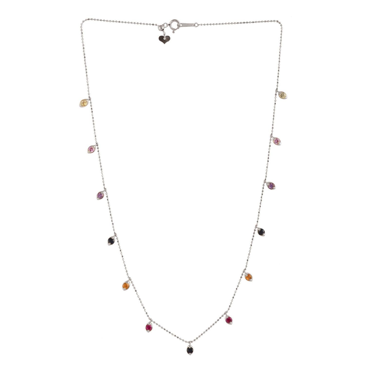 Multi Colored Sapphire Chain Necklace Made In 18k White Gold In New Condition For Sale In New York, NY