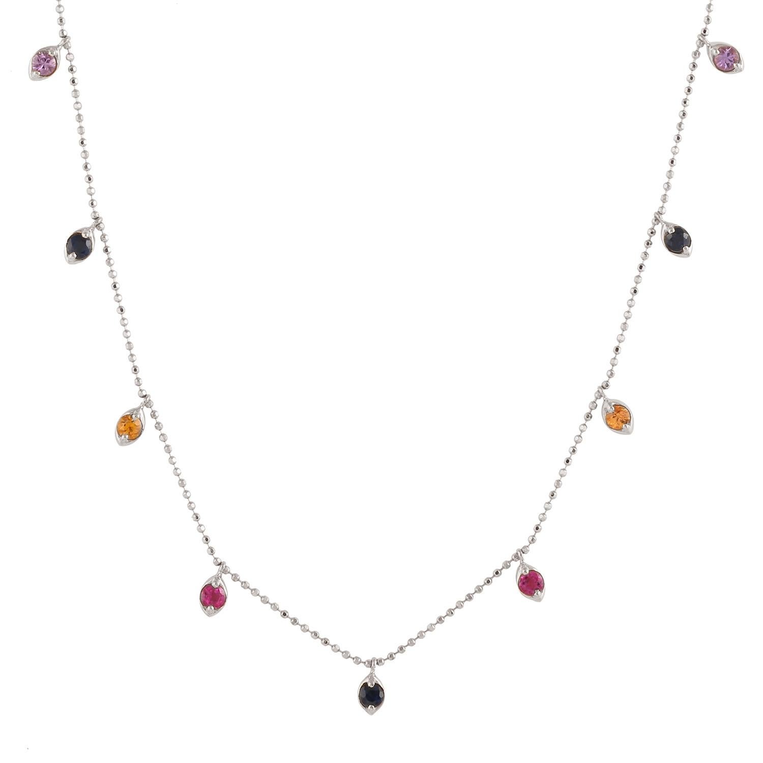Women's Multi Colored Sapphire Chain Necklace Made In 18k White Gold For Sale