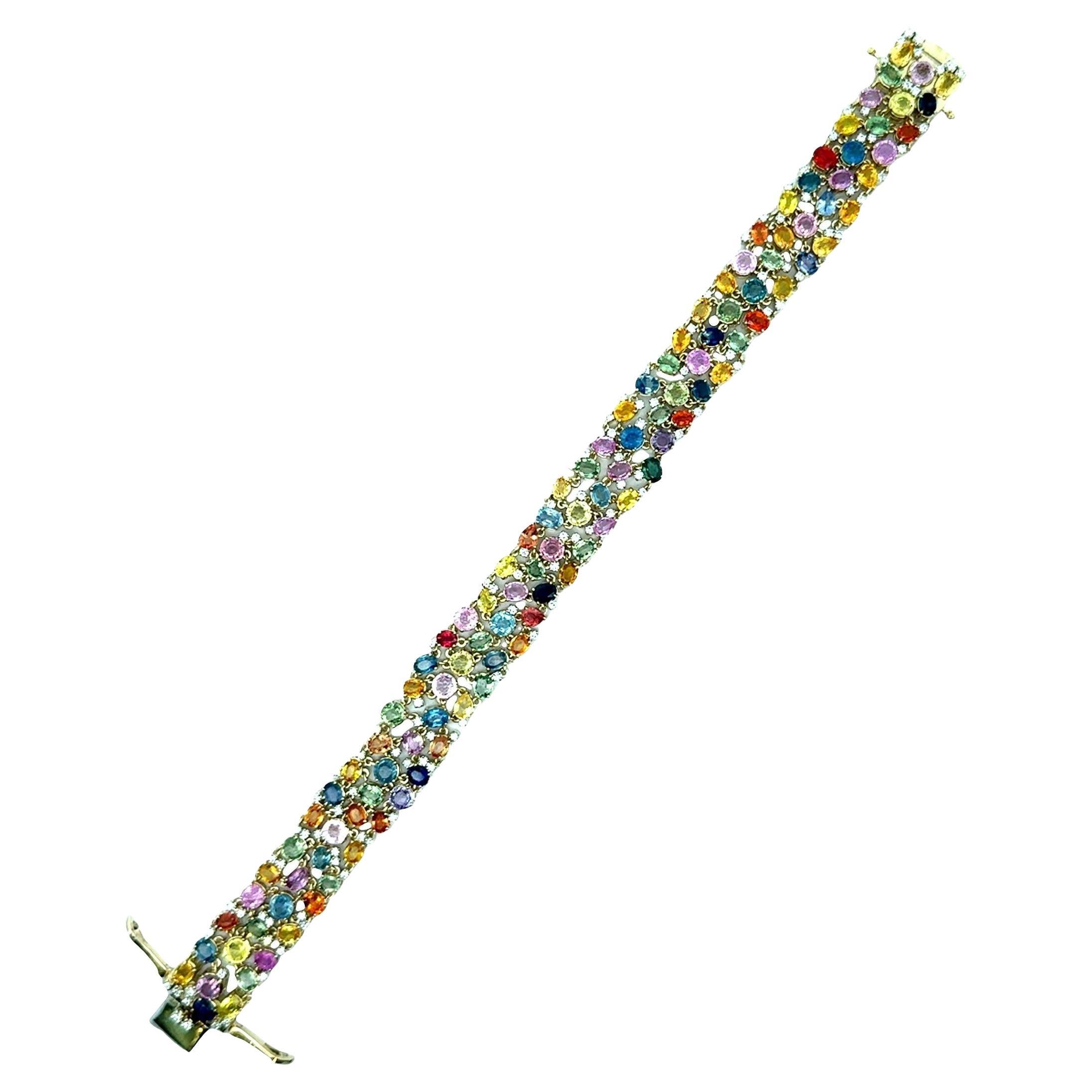 Zafiro Multicolor Diamante Oro Amarillo 14K Pulsera Flexible en venta