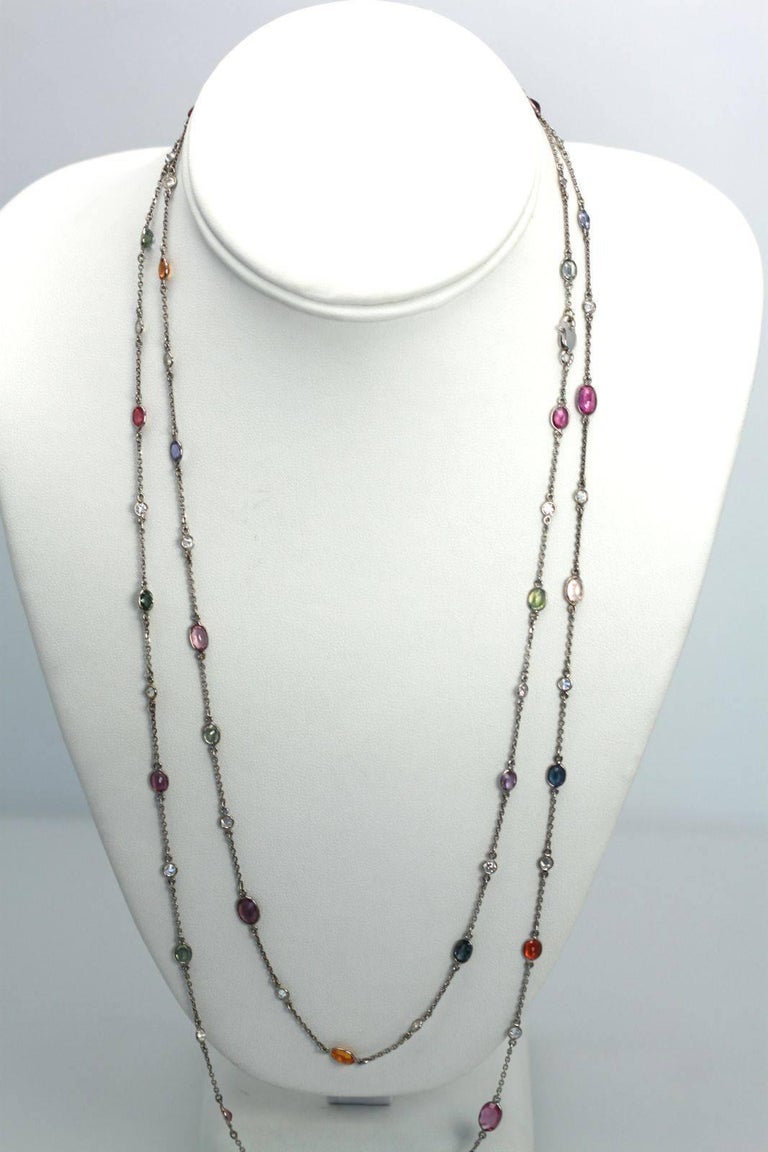 Multi Colored Sapphire Diamond Chain 18K Gold For Sale at 1stDibs