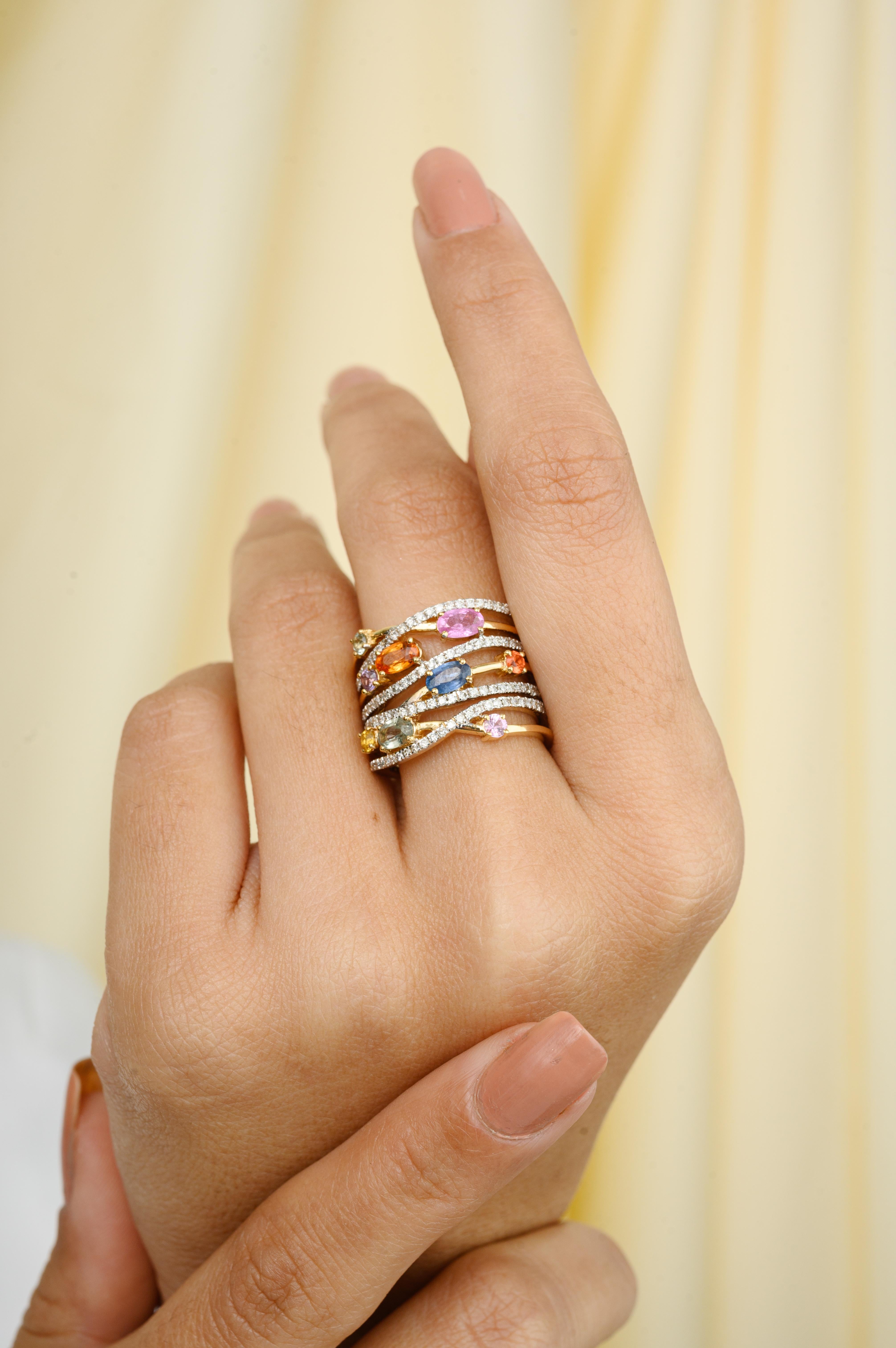 For Sale:  Multi Colored Sapphire Diamond Crossover Cocktail Band Ring in 18k Yellow Gold 6