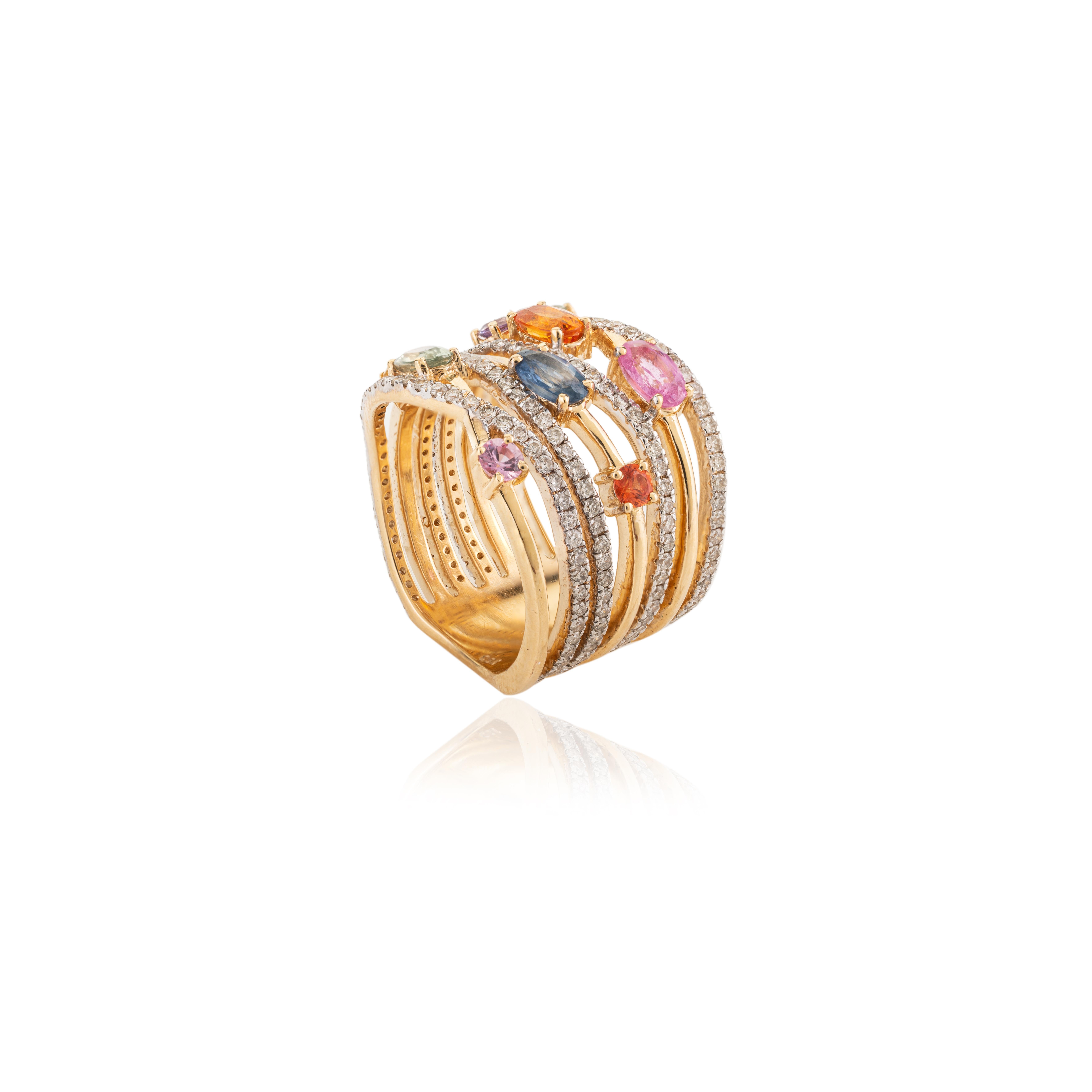 For Sale:  Multi Colored Sapphire Diamond Crossover Cocktail Band Ring in 18k Yellow Gold 7