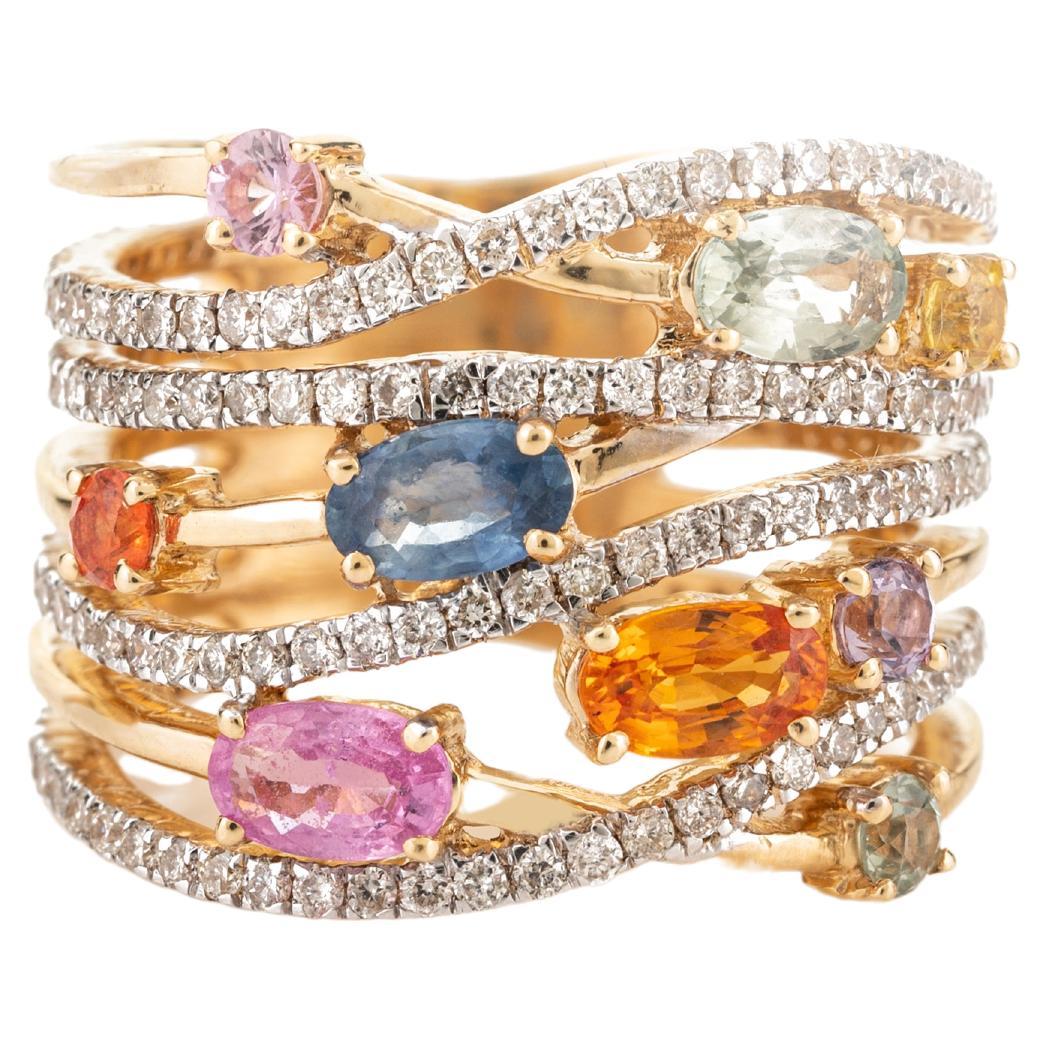 For Sale:  Multi Colored Sapphire Diamond Crossover Cocktail Band Ring in 18k Yellow Gold
