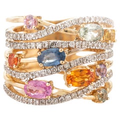 Multi Colored Sapphire Diamond Crossover Cocktail Band Ring in 18k Yellow Gold
