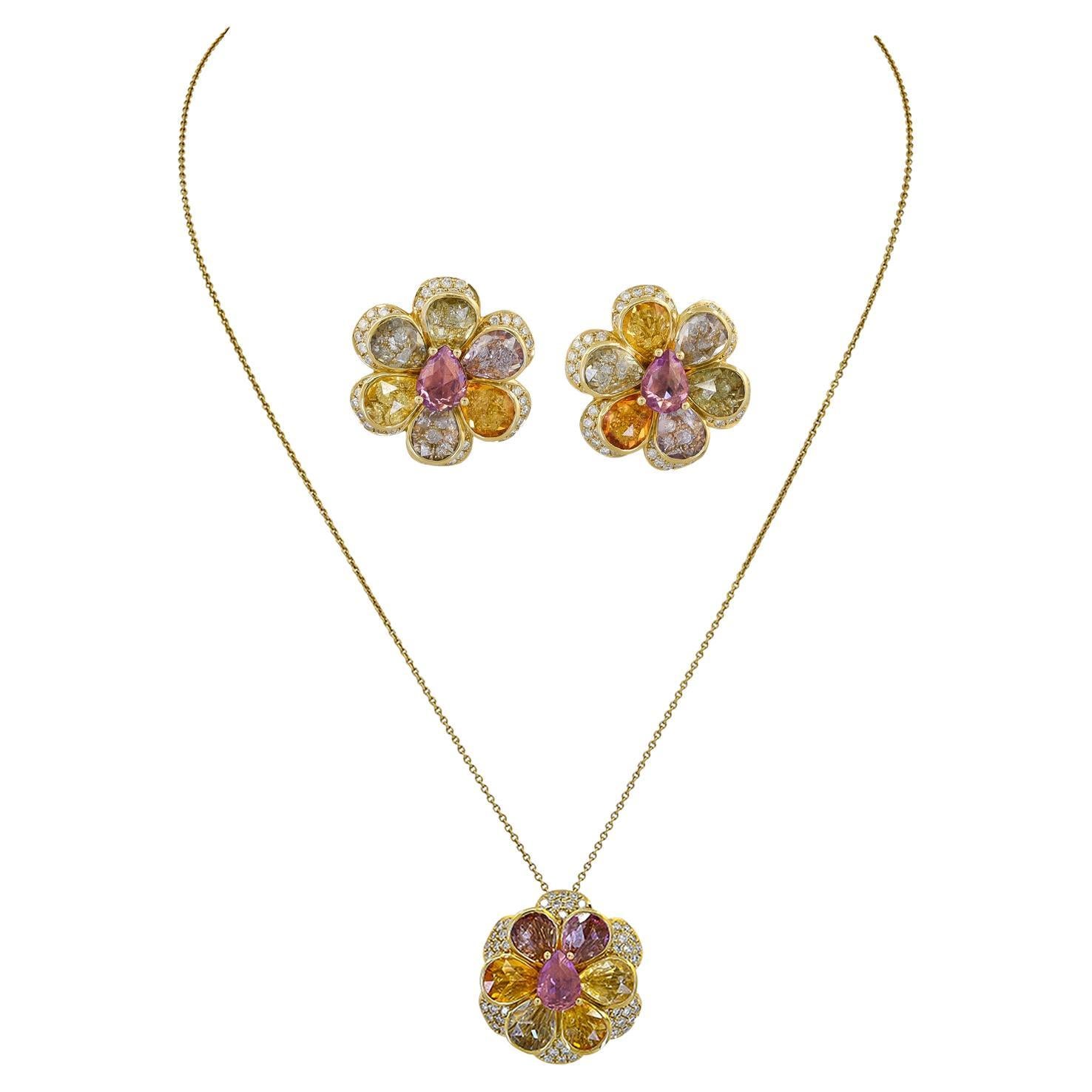 Multi-Colored Sapphire Diamond Earrings & Necklace Set