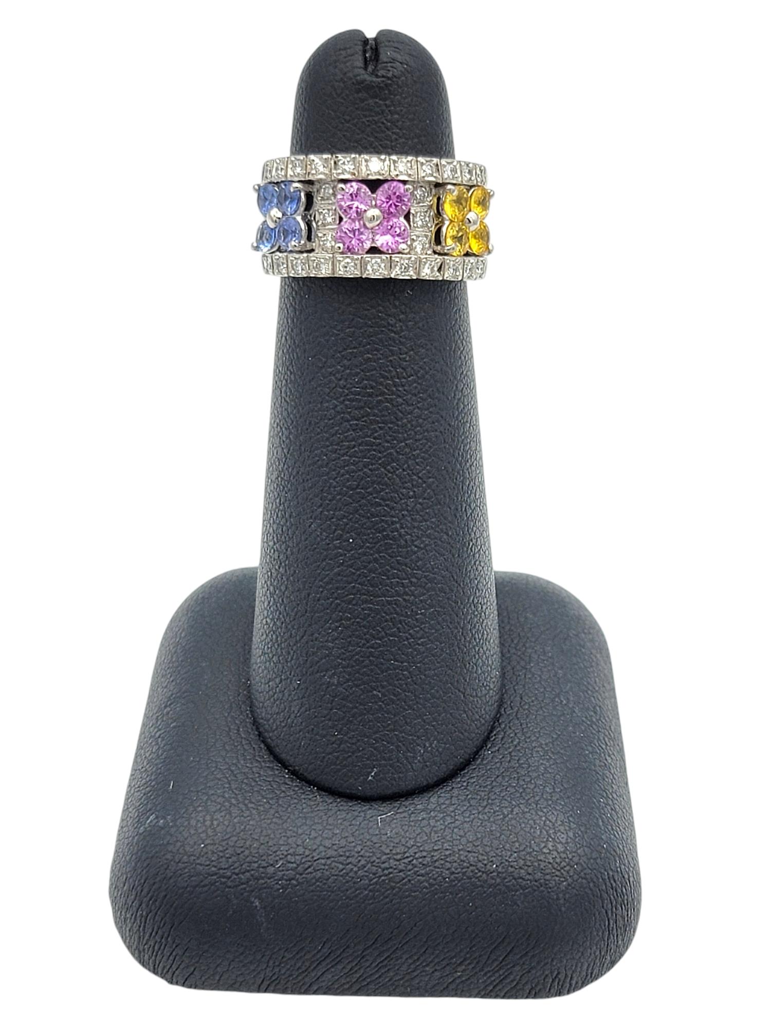 Multi-Colored Sapphire & Diamond Flower Motif Band Ring in 18 Karat White Gold For Sale 4