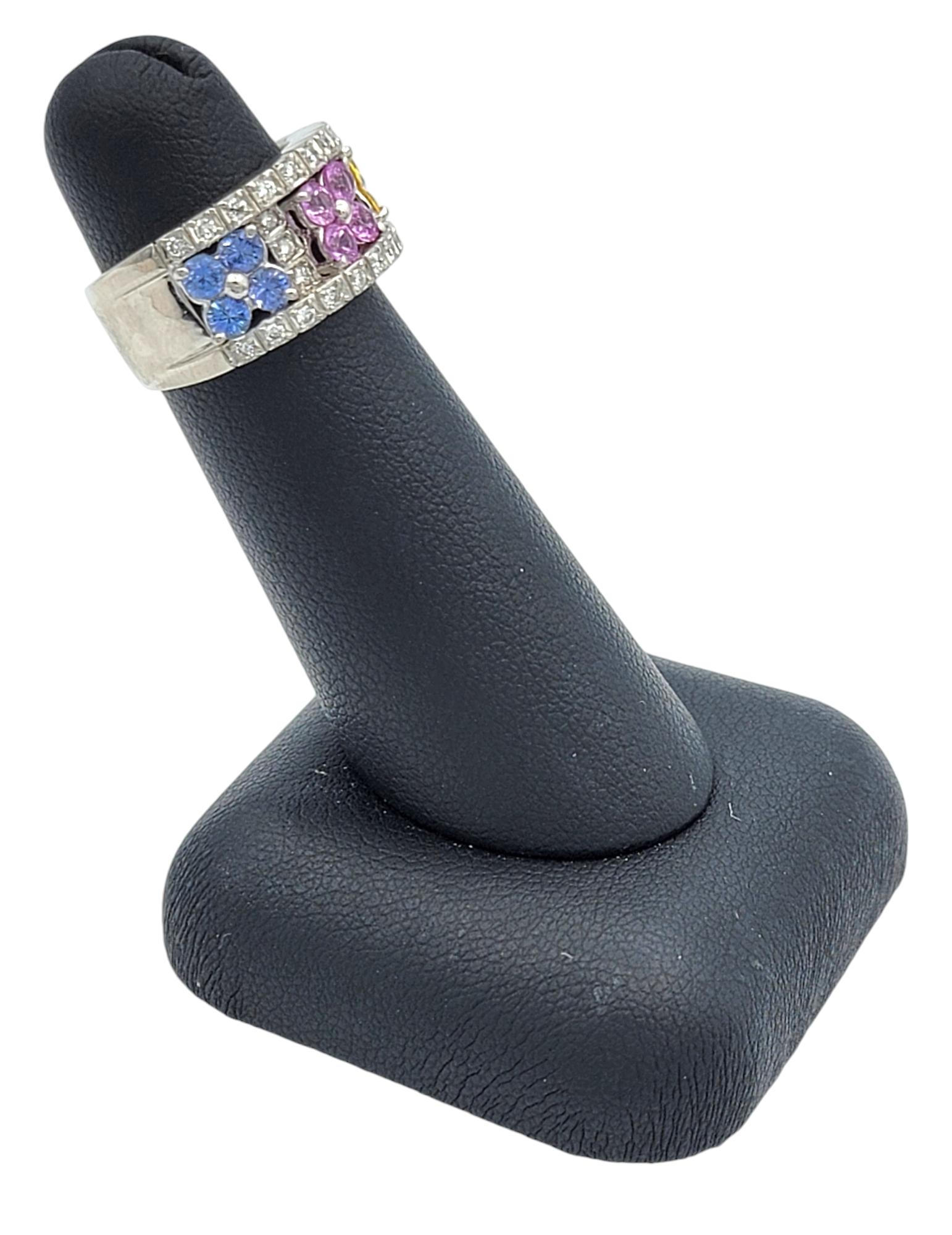 Multi-Colored Sapphire & Diamond Flower Motif Band Ring in 18 Karat White Gold For Sale 5
