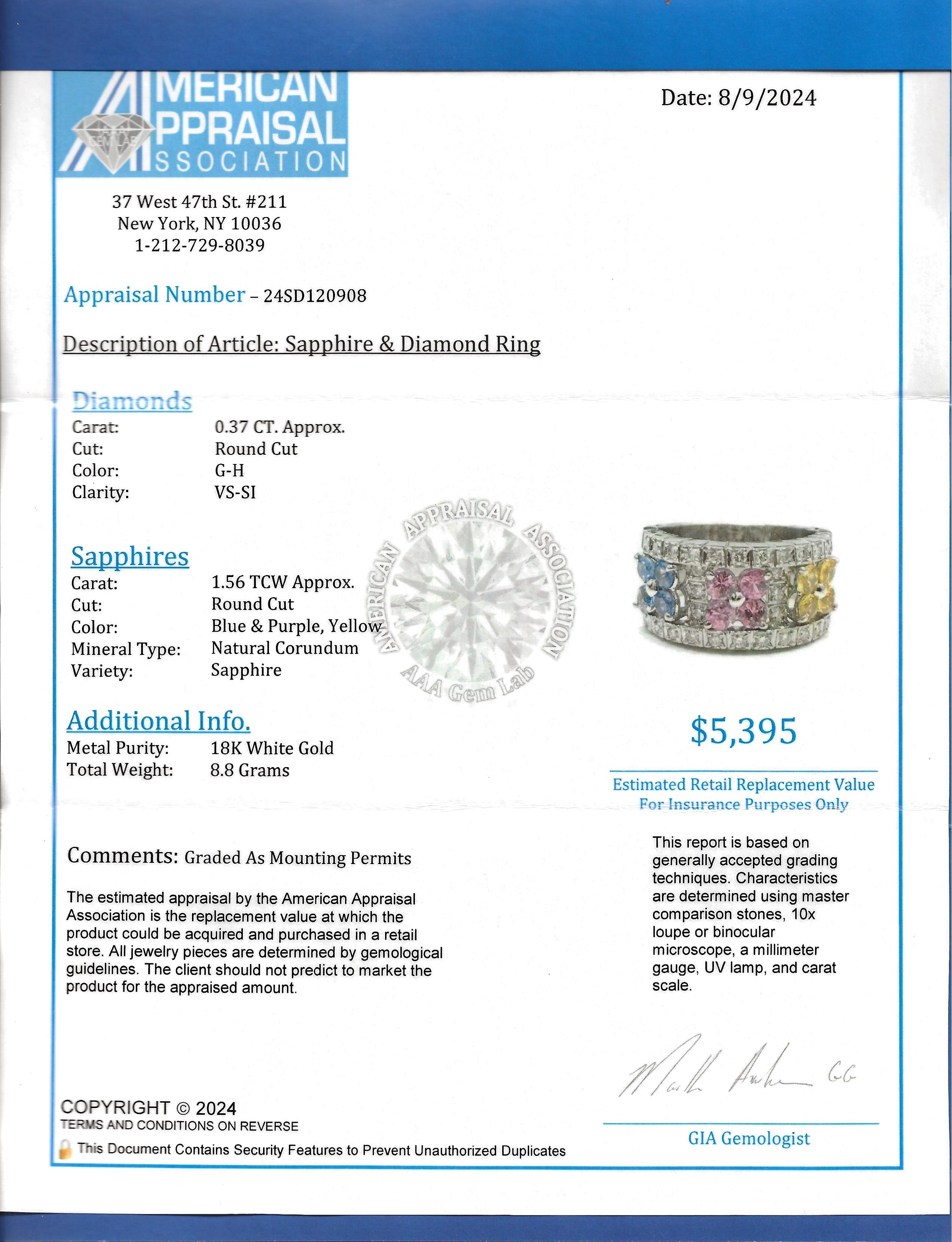 Multi-Colored Sapphire & Diamond Flower Motif Band Ring in 18 Karat White Gold For Sale 6