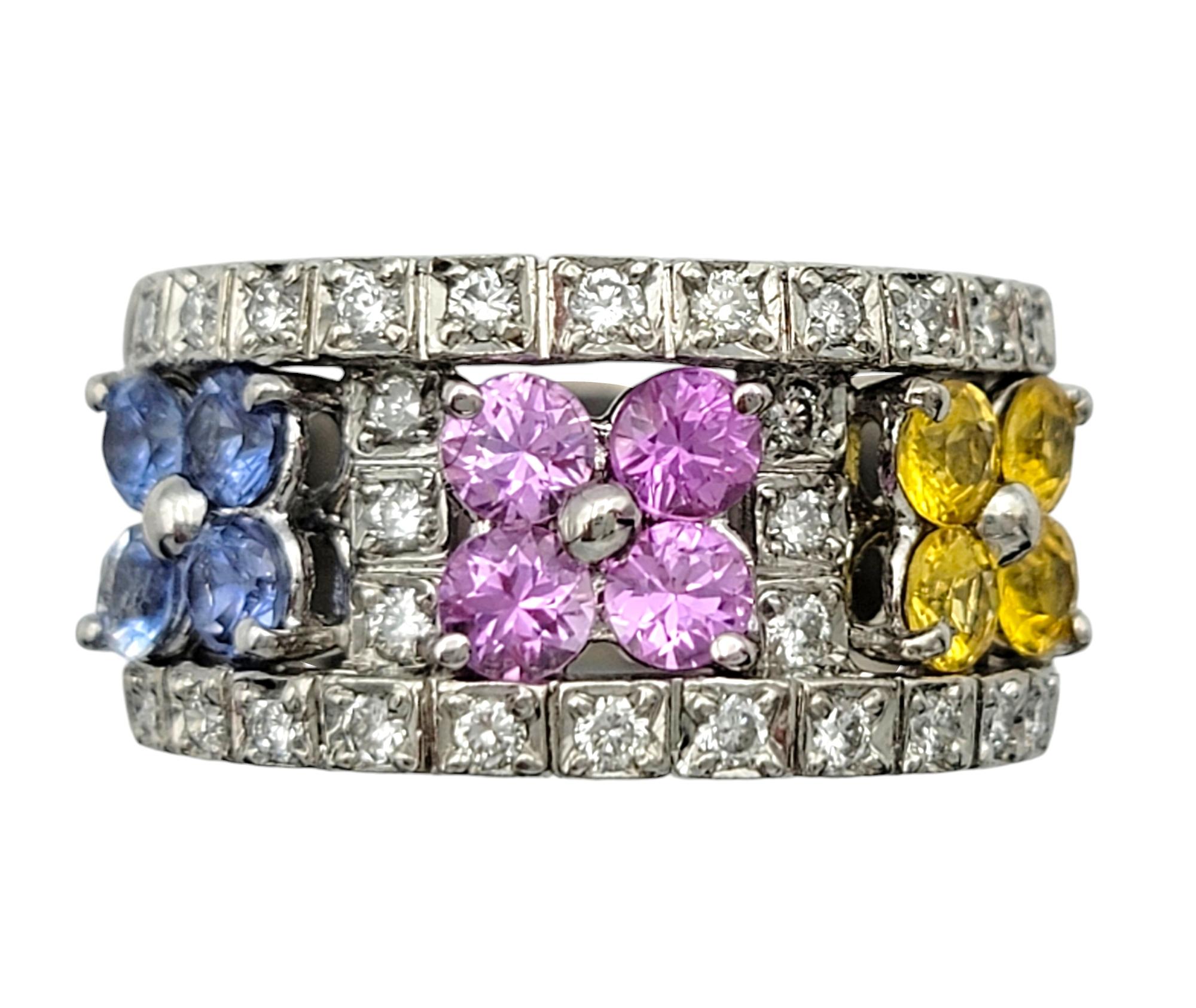 Contemporary Multi-Colored Sapphire & Diamond Flower Motif Band Ring in 18 Karat White Gold For Sale