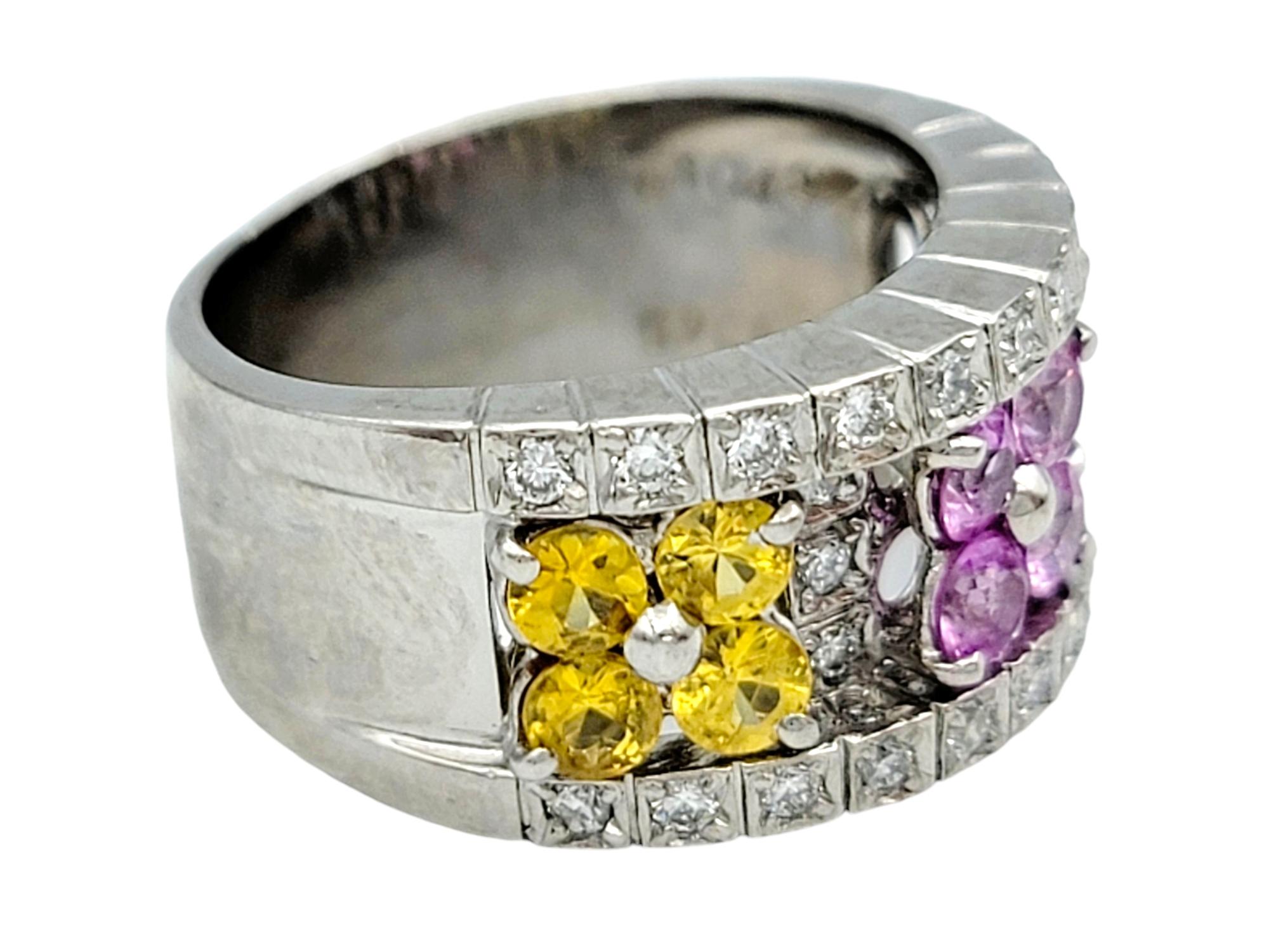 Round Cut Multi-Colored Sapphire & Diamond Flower Motif Band Ring in 18 Karat White Gold For Sale