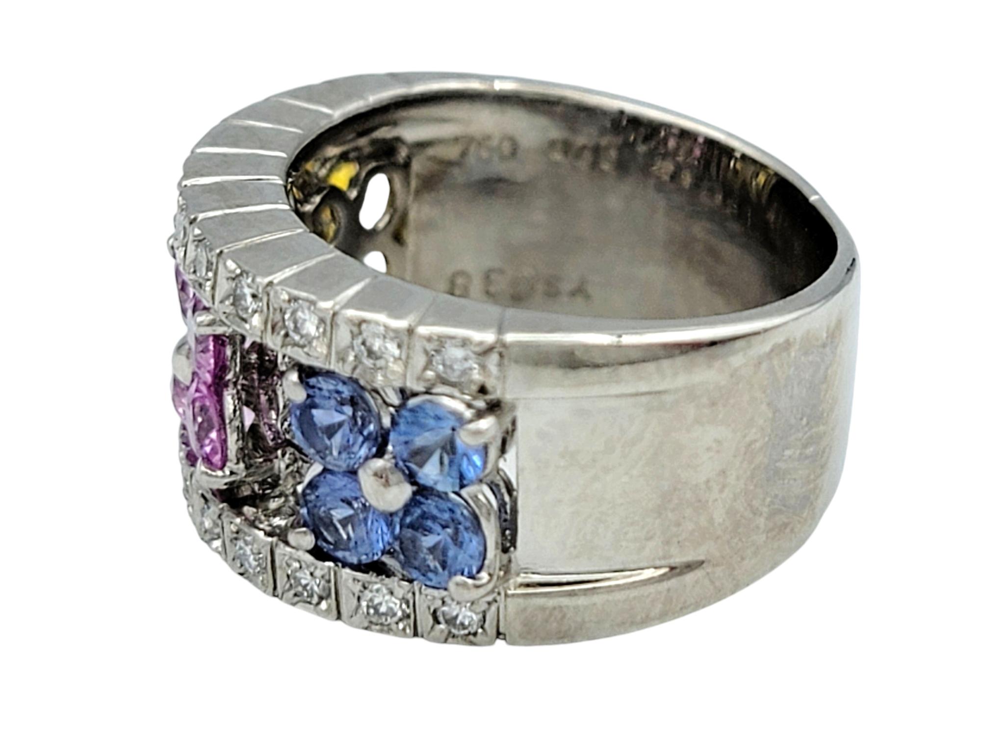 Multi-Colored Sapphire & Diamond Flower Motif Band Ring in 18 Karat White Gold In Good Condition For Sale In Scottsdale, AZ