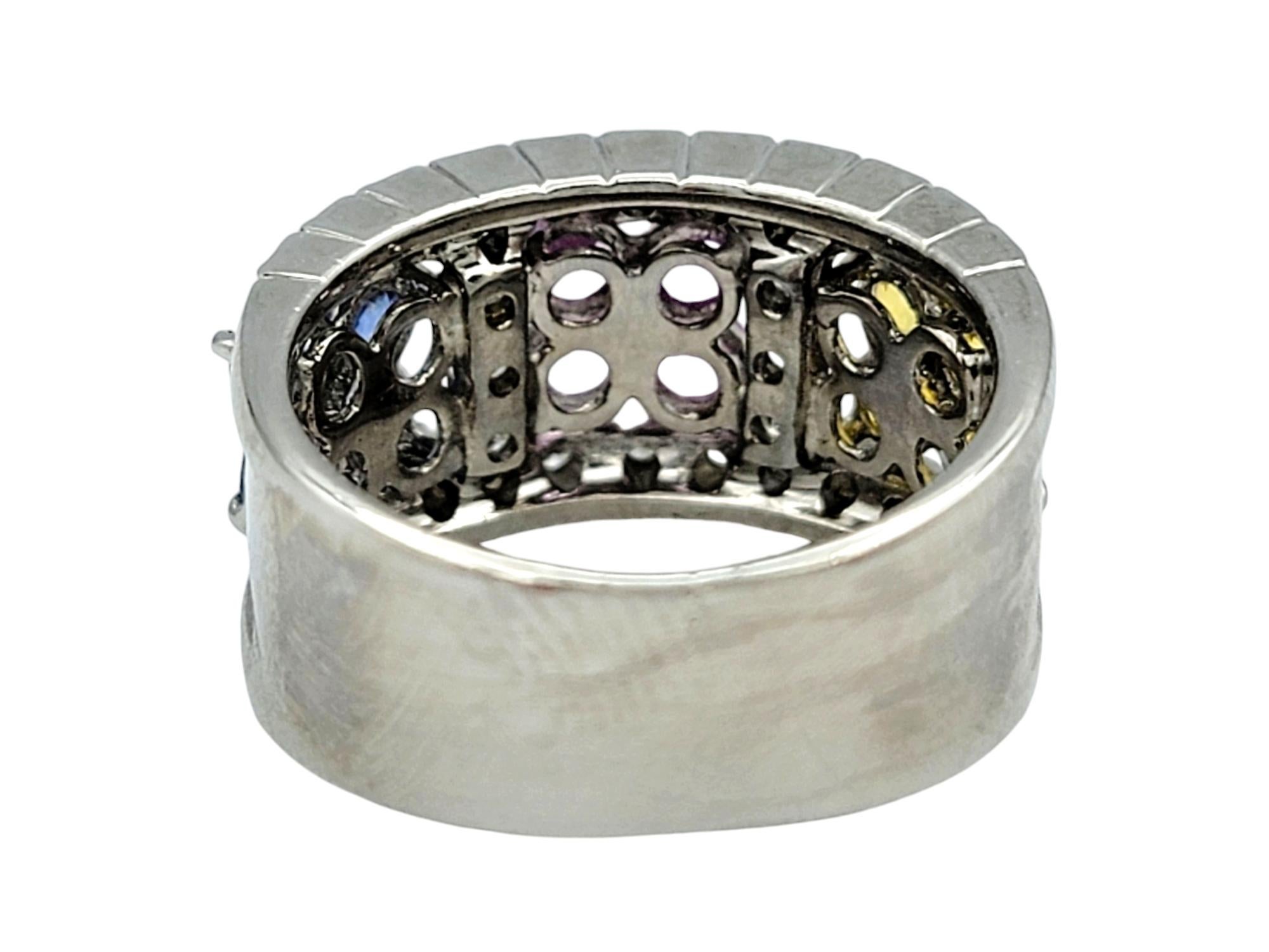 Women's Multi-Colored Sapphire & Diamond Flower Motif Band Ring in 18 Karat White Gold For Sale