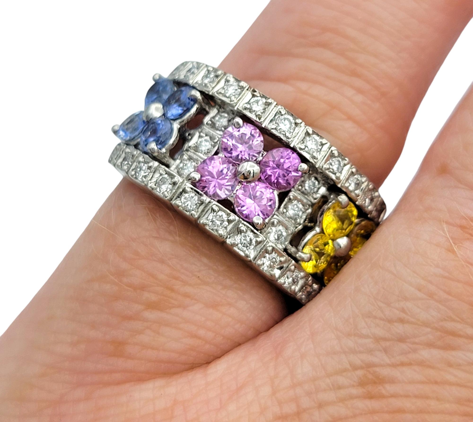 Multi-Colored Sapphire & Diamond Flower Motif Band Ring in 18 Karat White Gold For Sale 3