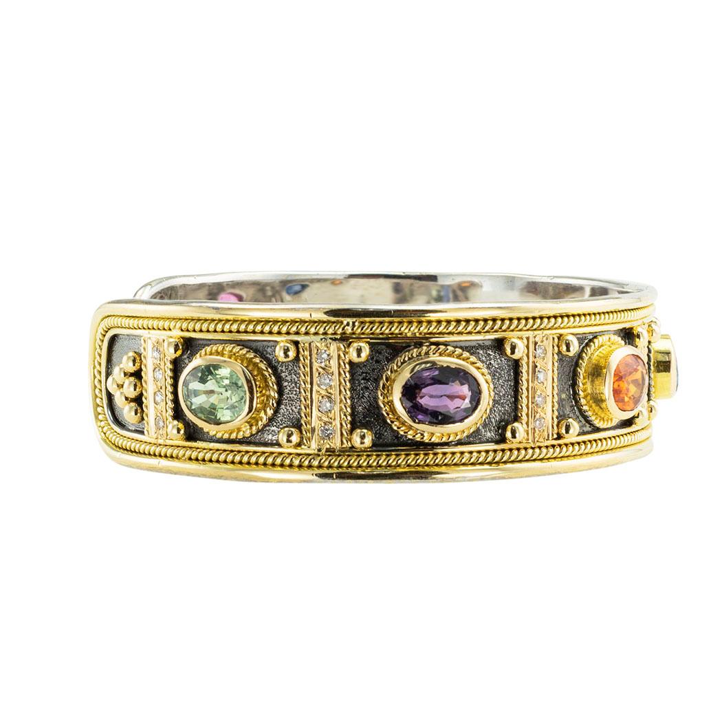 Byzantine Multi Colored Sapphire Diamond Gold Cuff Bracelet