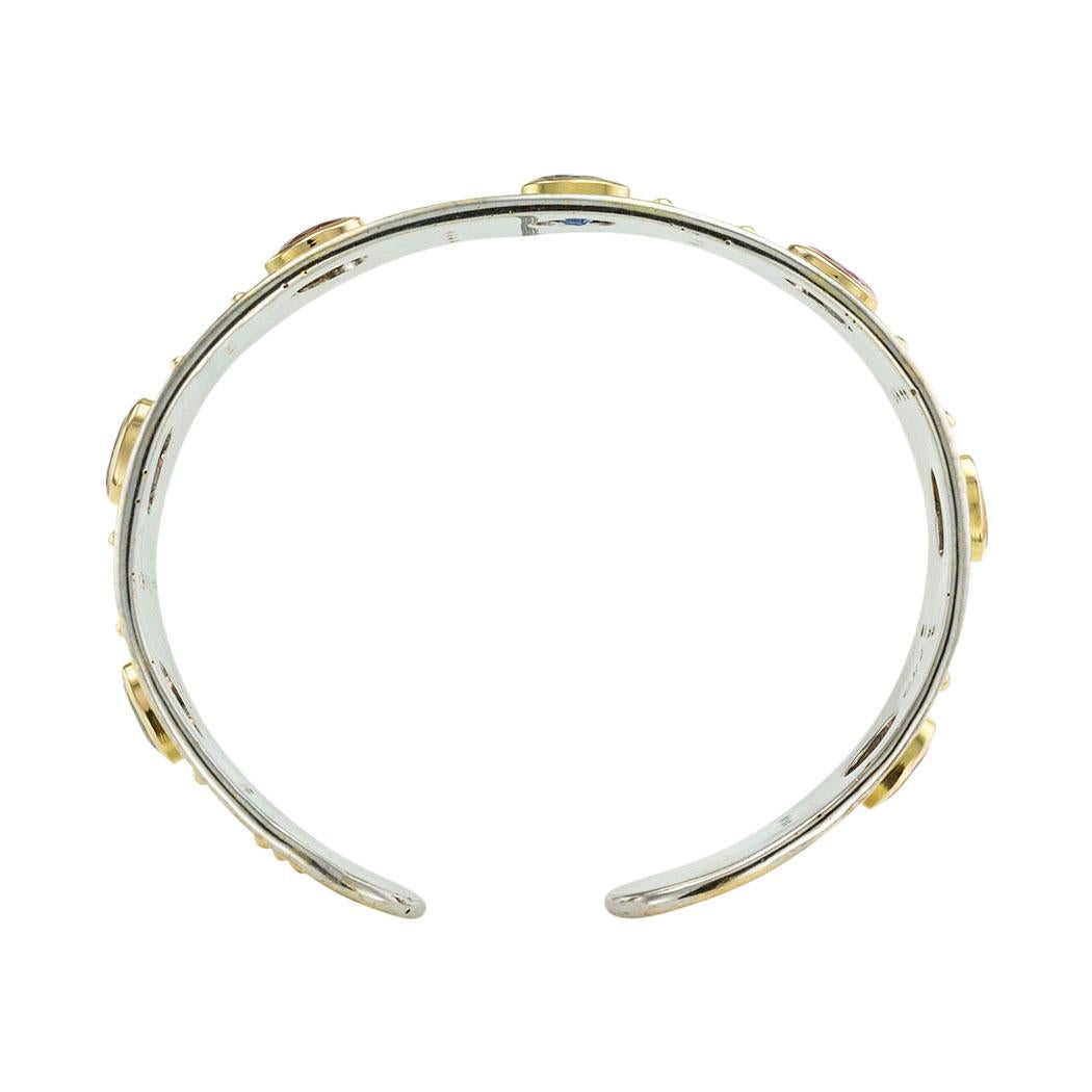 Oval Cut Multi Colored Sapphire Diamond Gold Cuff Bracelet