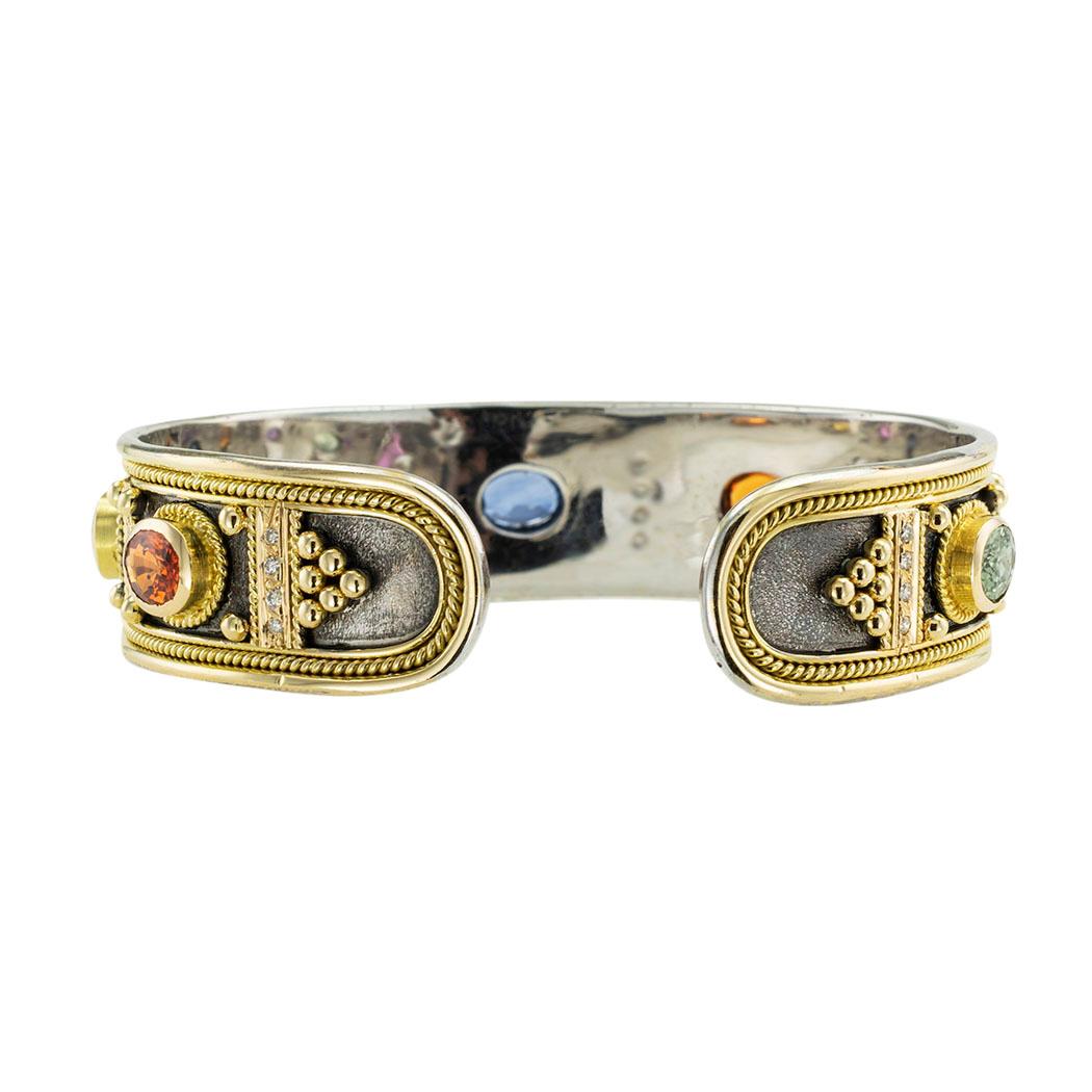 Multi Colored Sapphire Diamond Gold Cuff Bracelet In Good Condition In Los Angeles, CA