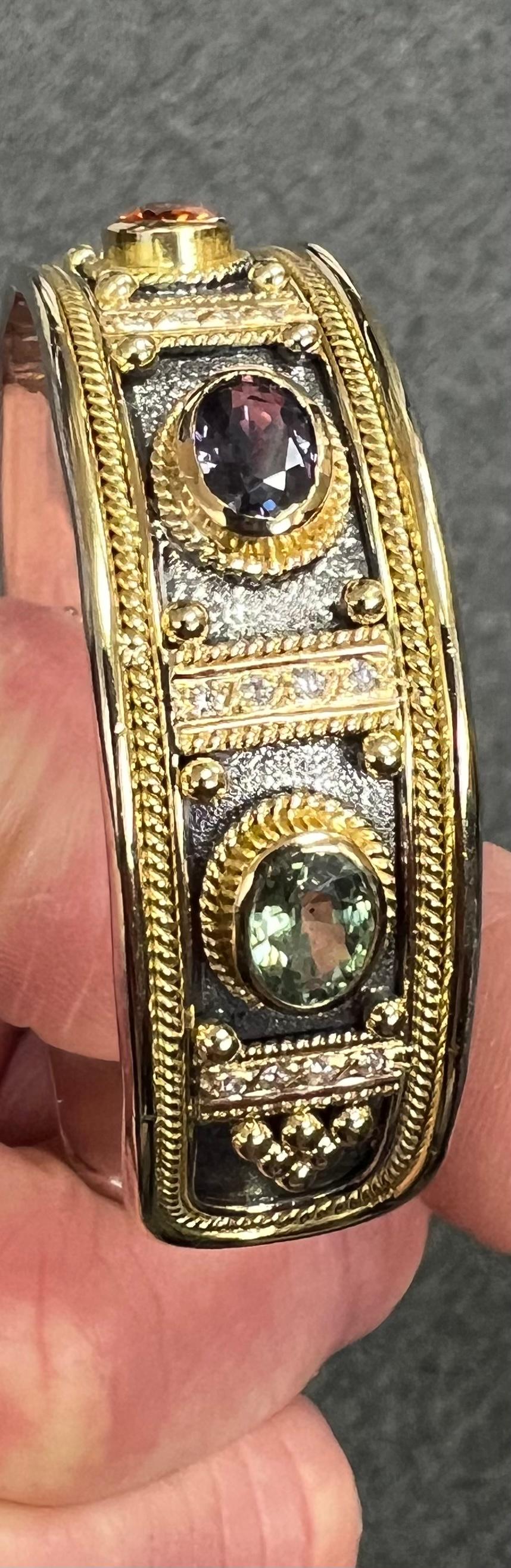 Multi Colored Sapphire Diamond Gold Cuff Bracelet 3