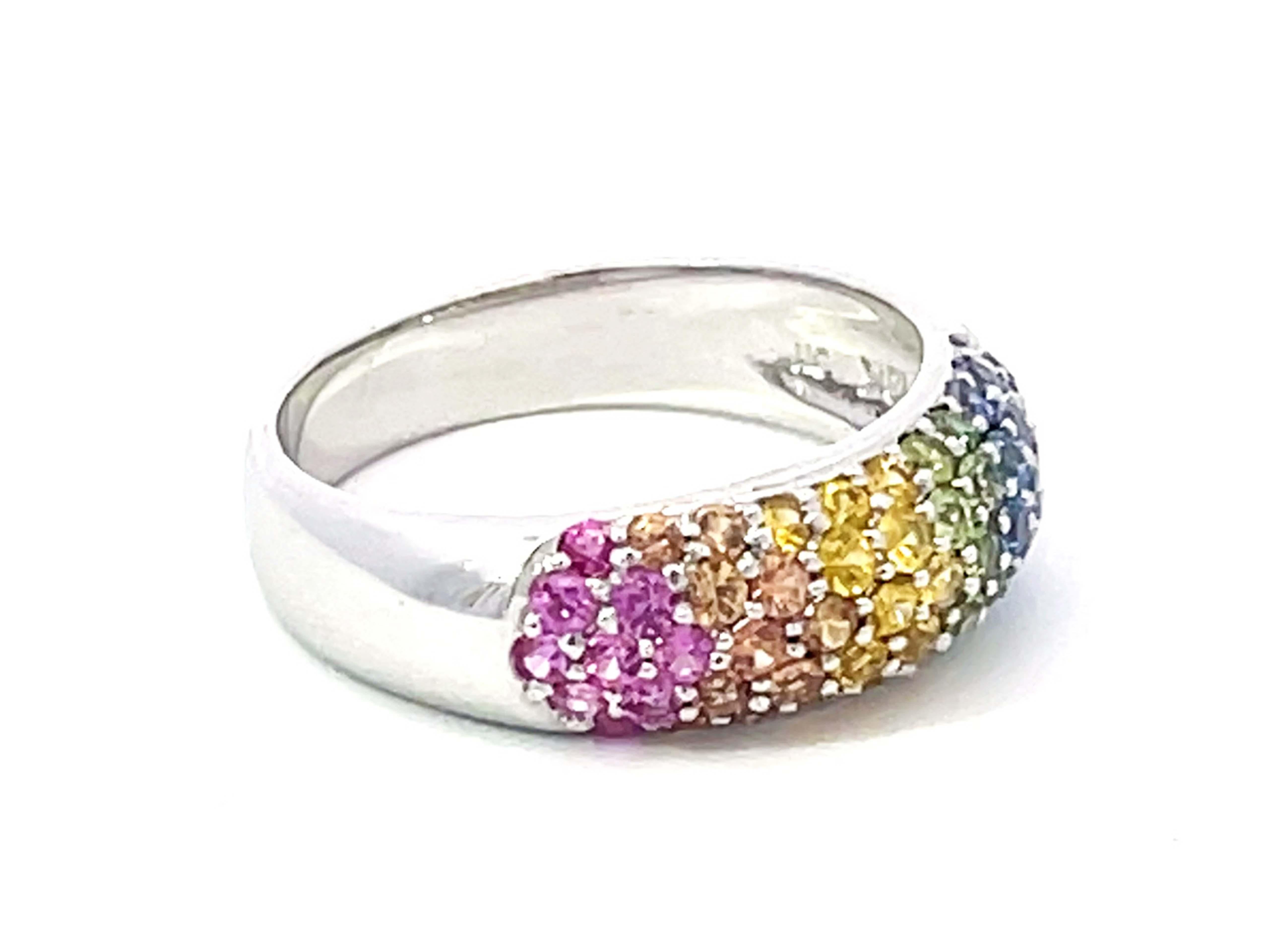 Round Cut Multi Colored Sapphire Dome Ring in 18K White Gold For Sale