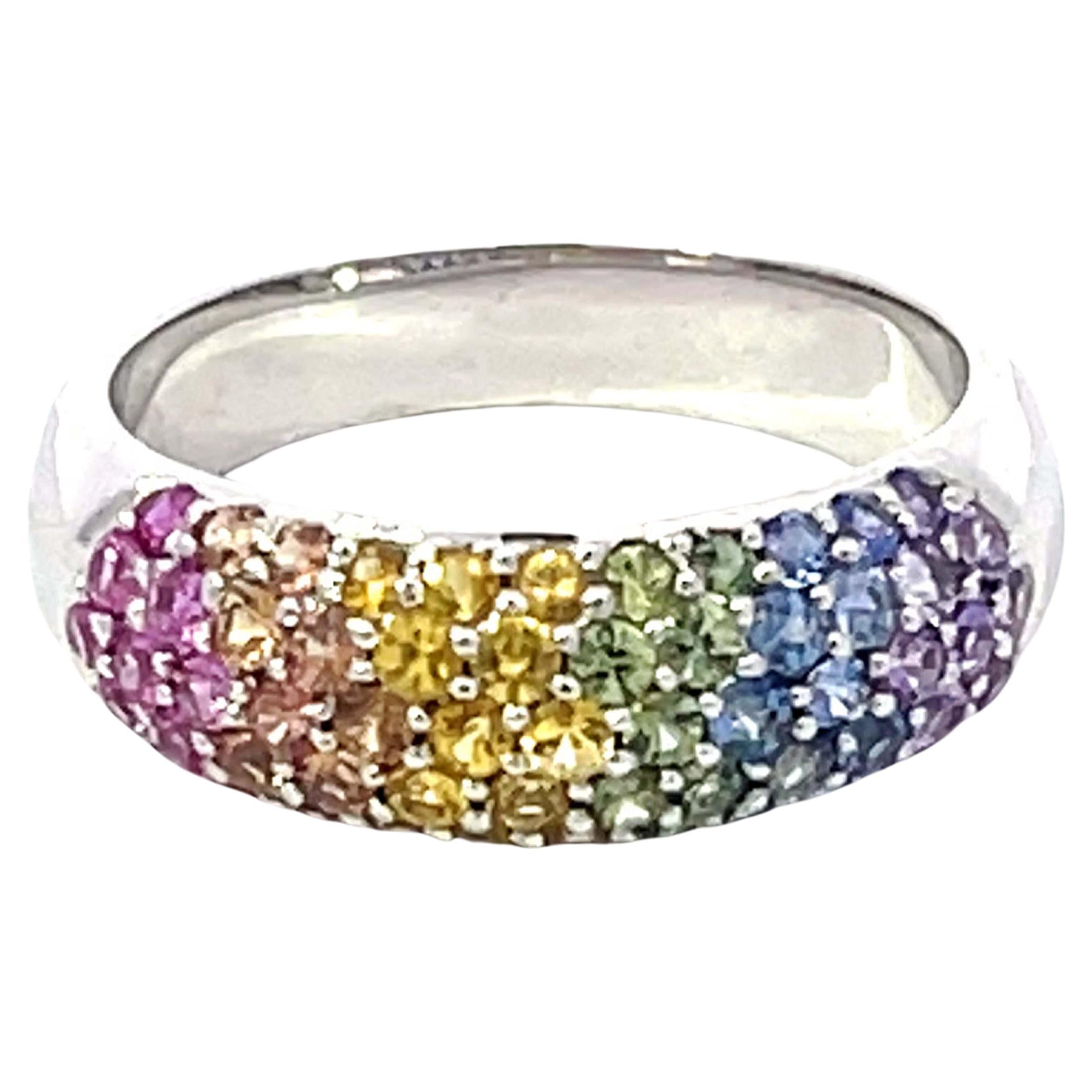Multi Colored Sapphire Dome Ring in 18K White Gold For Sale