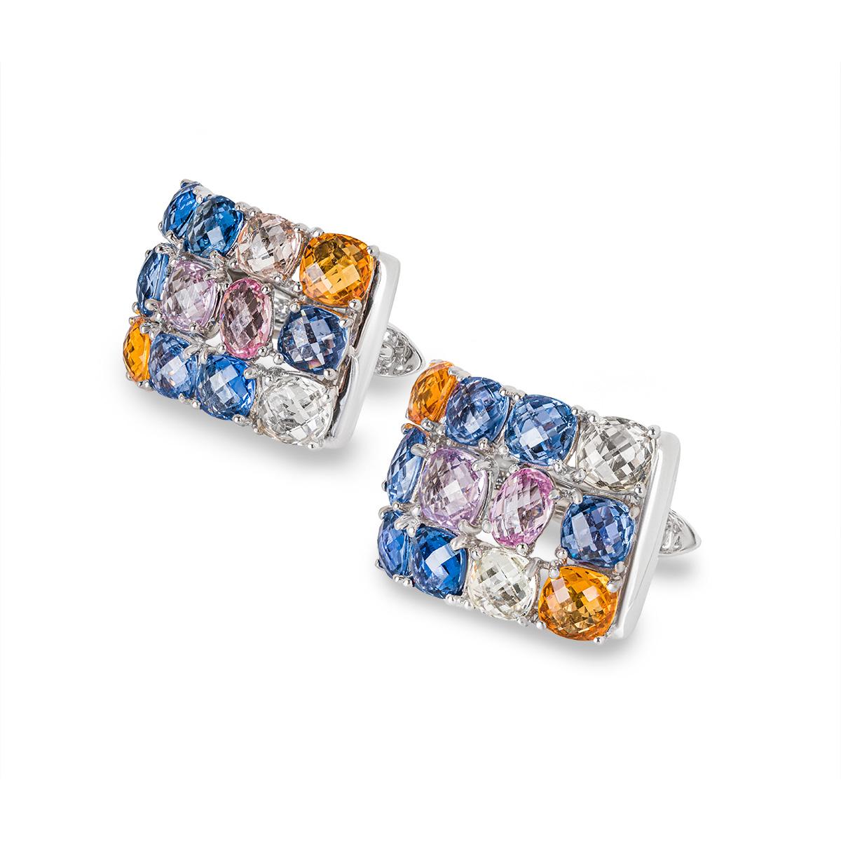 Large 18k White Gold Earrings set with a Mix of 24 Coloured Sapphires of 17.51ct Total. Earring Width 1.7cm, Length 2.1cm. This comes with a box and our own Certificate of Authenticity.