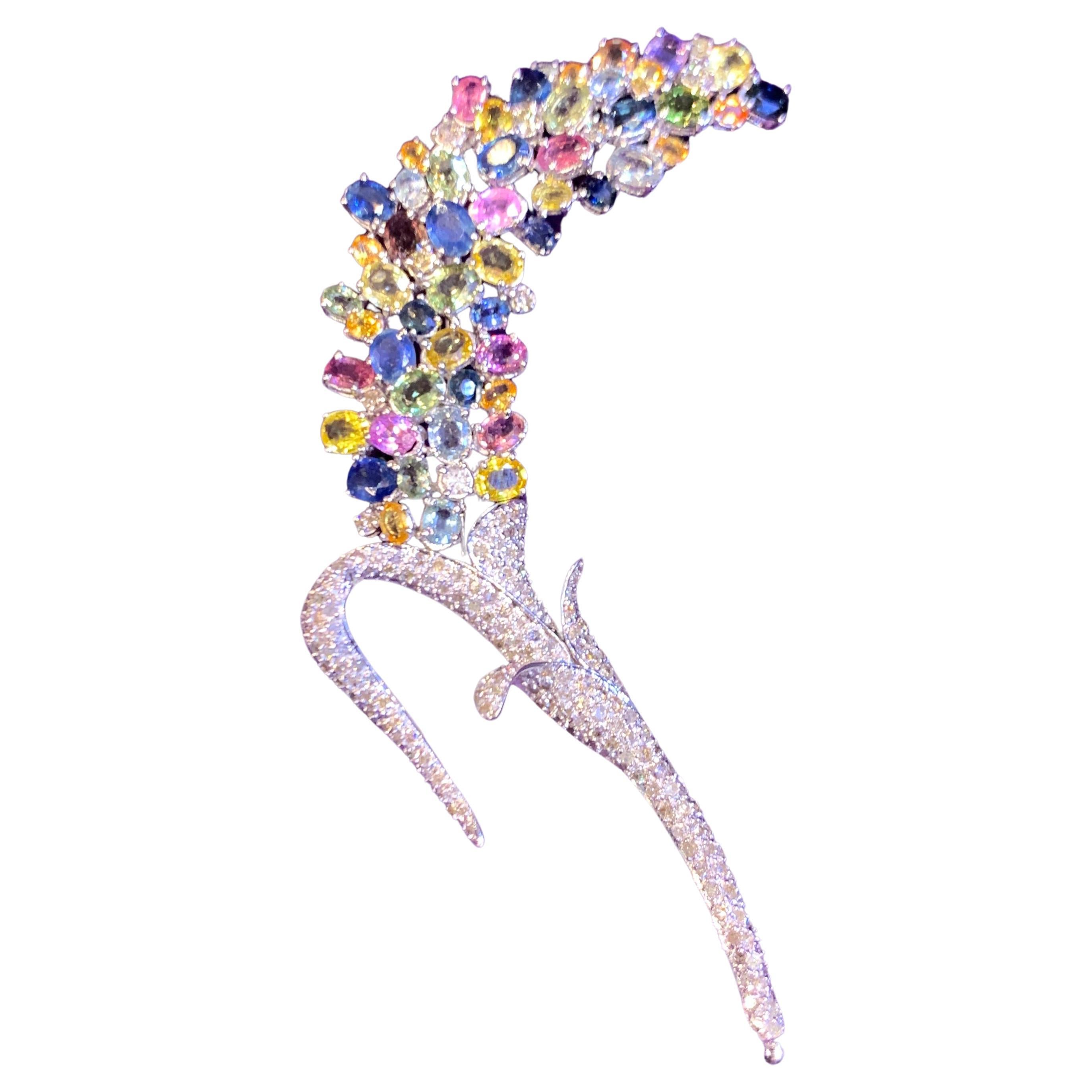 Multi Colored Sapphire Flower Brooch For Sale