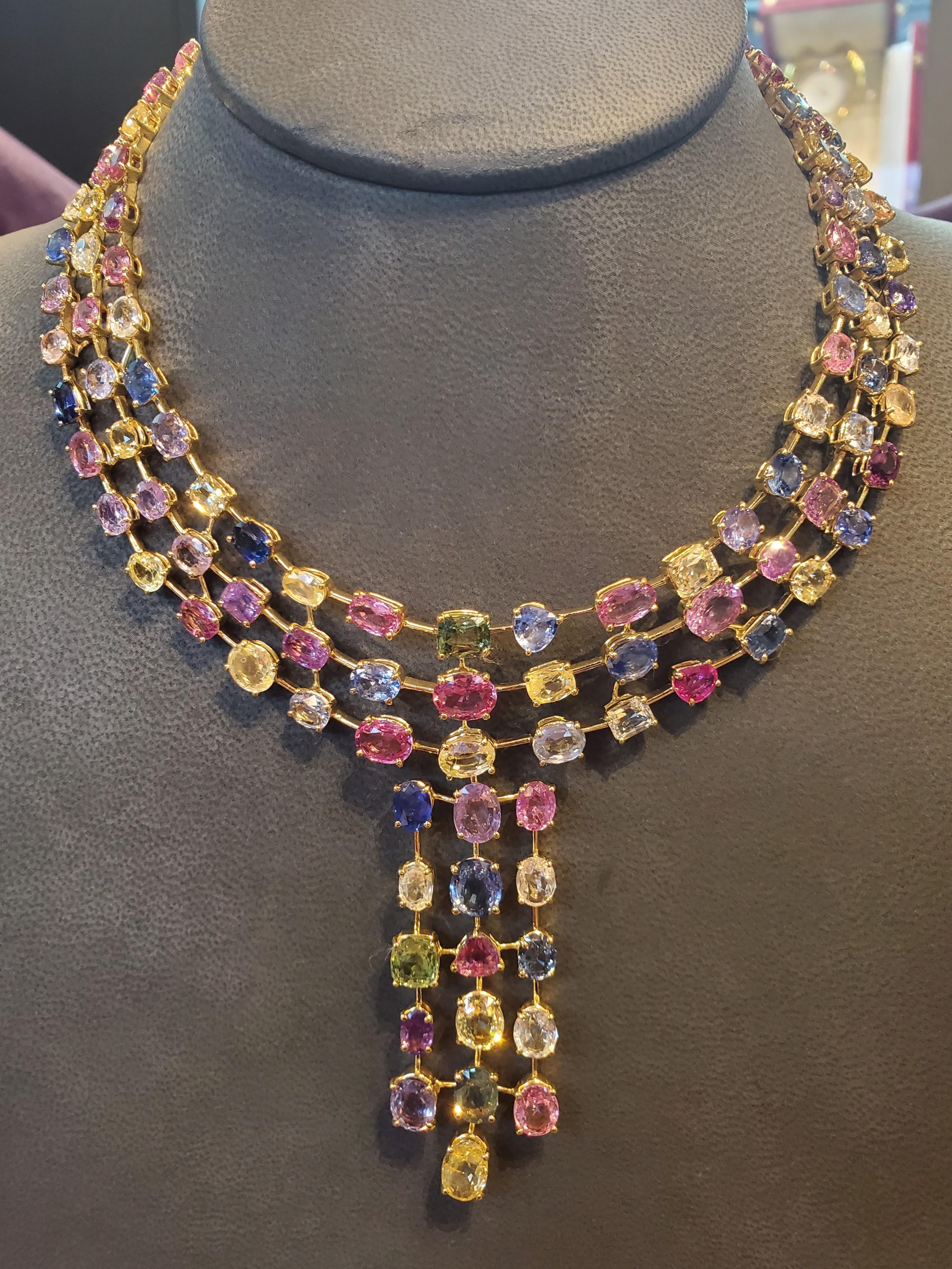 Multi-Colored Sapphire Necklace

Features 142 sapphires in a variety of colors totaling 137.40 cts

18K Yellow Gold

Measurements: 18 inches long