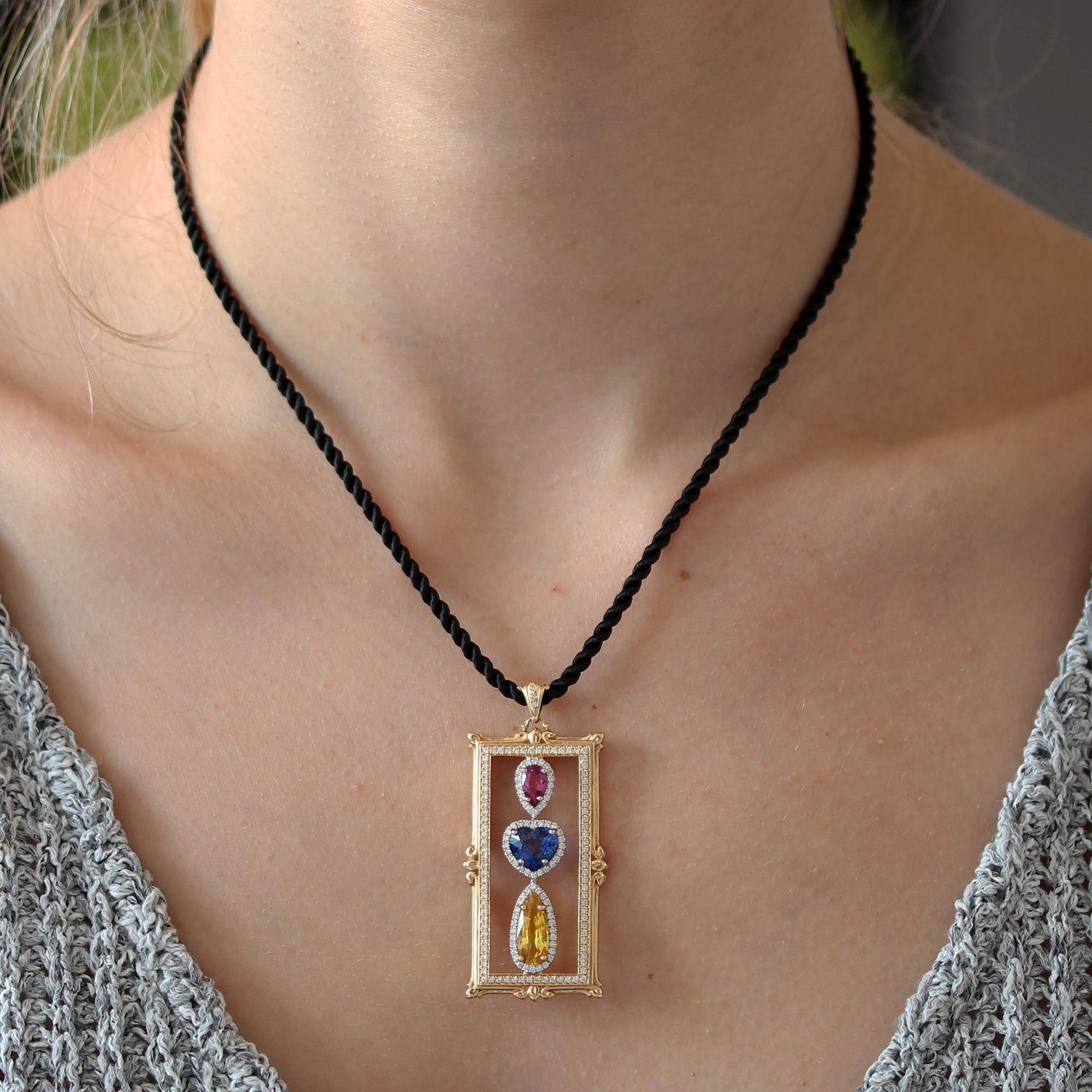 Multicolored Sapphire Pendant Set in 18K In New Condition For Sale In New York, NY