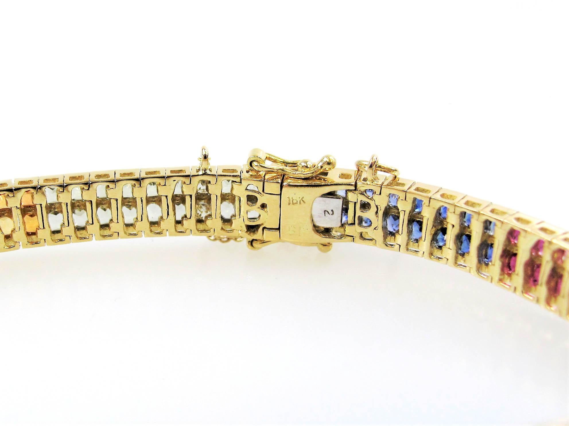 Multi Colored Sapphire Rainbow Bracelet 18 Karat Yellow Gold 11.33 Carats Total For Sale 3