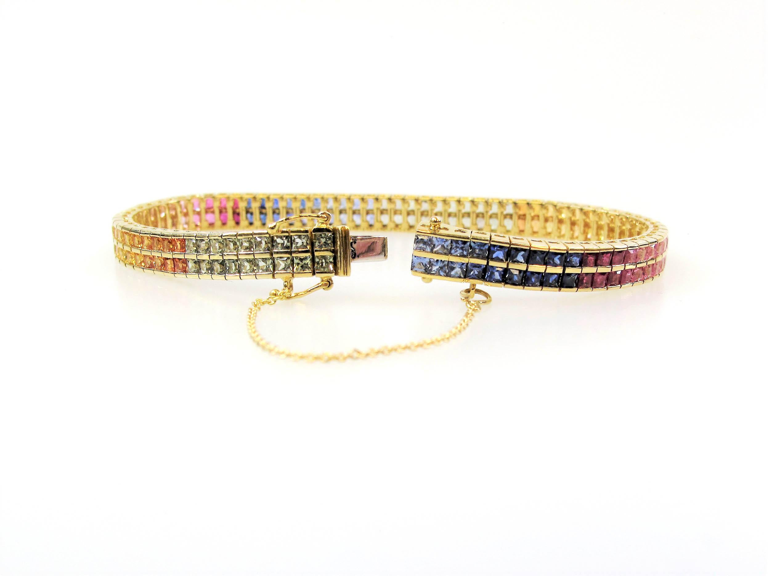 Contemporary Multi Colored Sapphire Rainbow Bracelet 18 Karat Yellow Gold 11.33 Carats Total For Sale