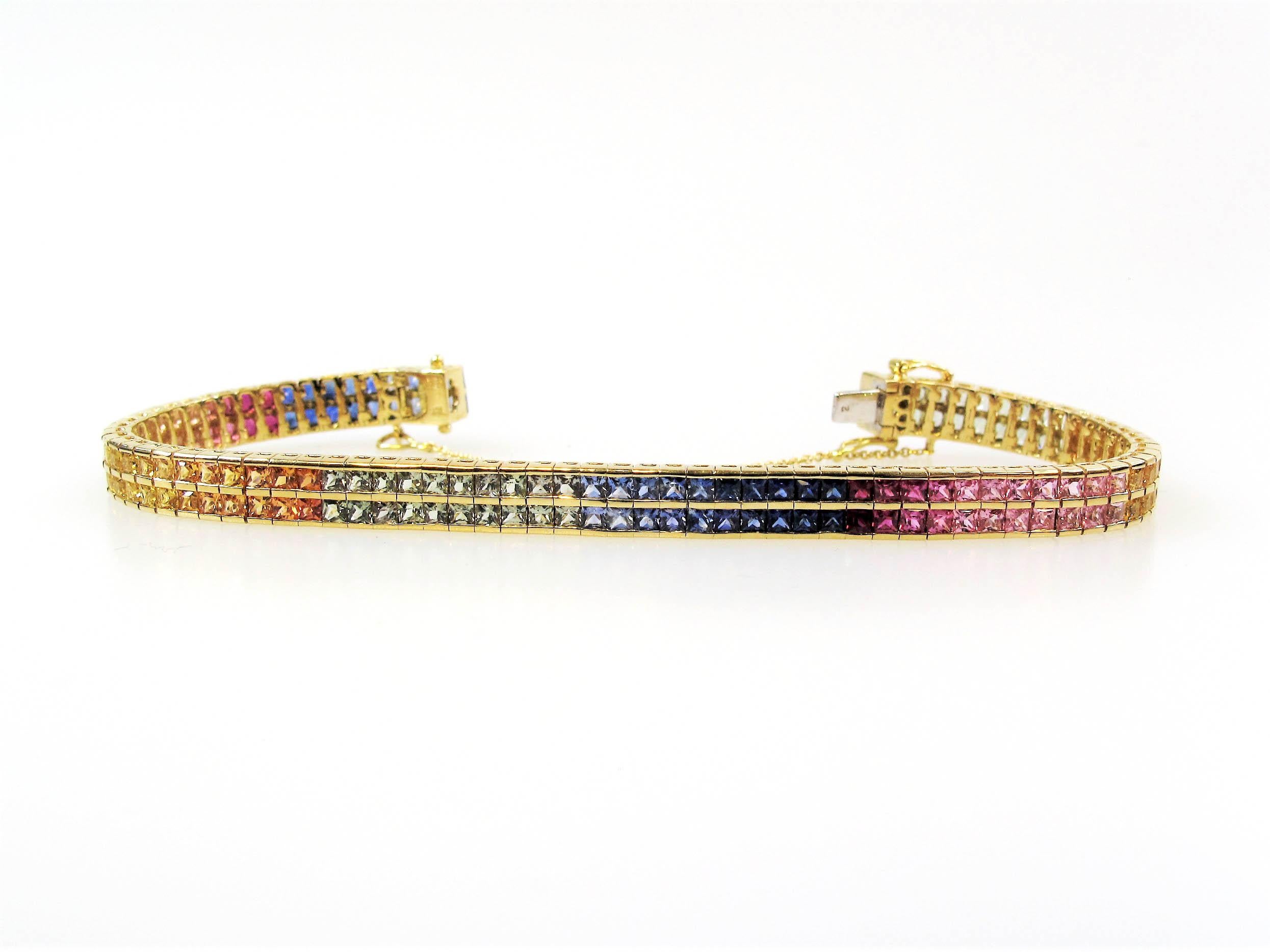 Square Cut Multi Colored Sapphire Rainbow Bracelet 18 Karat Yellow Gold 11.33 Carats Total For Sale