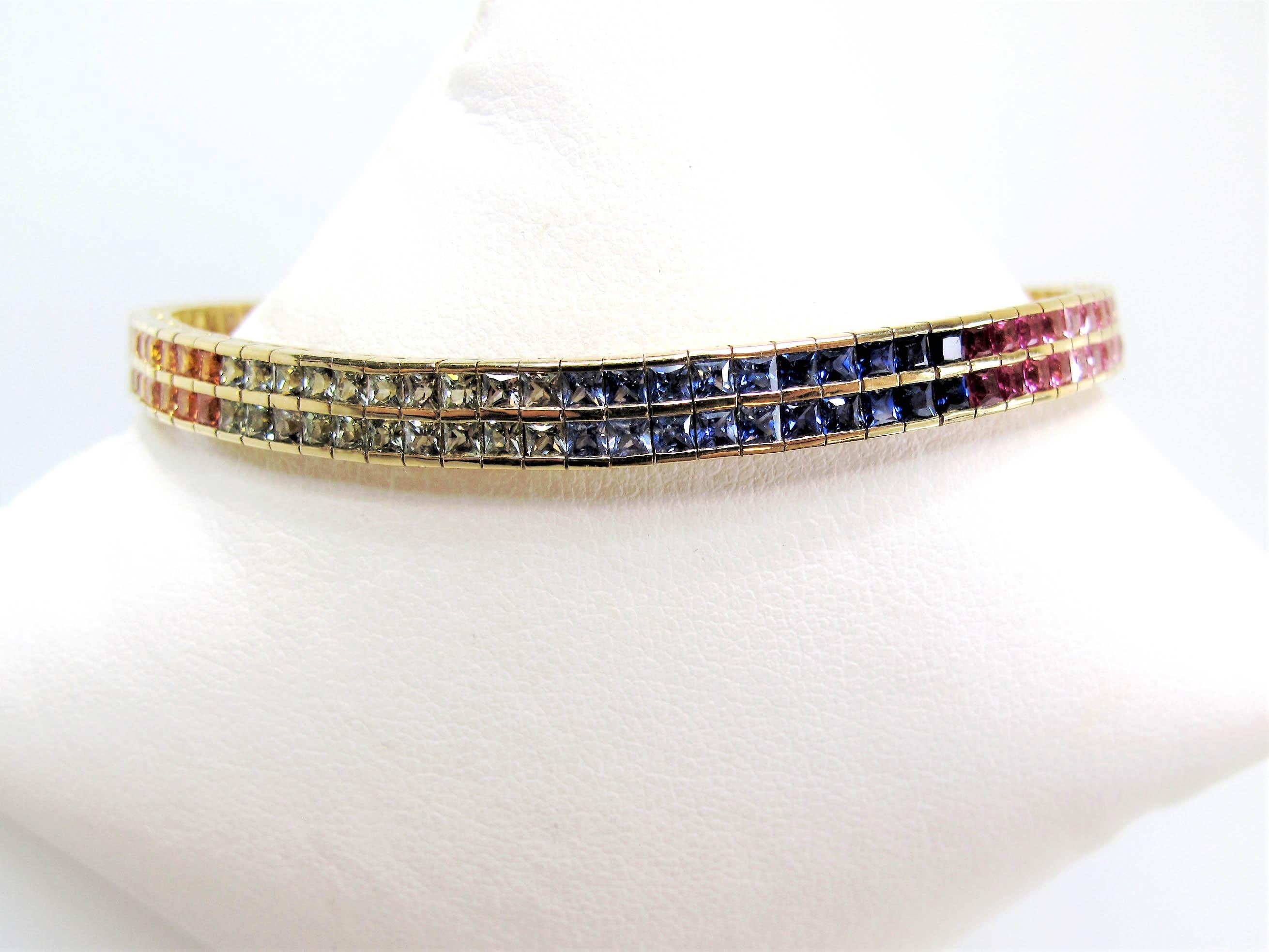 Women's Multi Colored Sapphire Rainbow Bracelet 18 Karat Yellow Gold 11.33 Carats Total For Sale