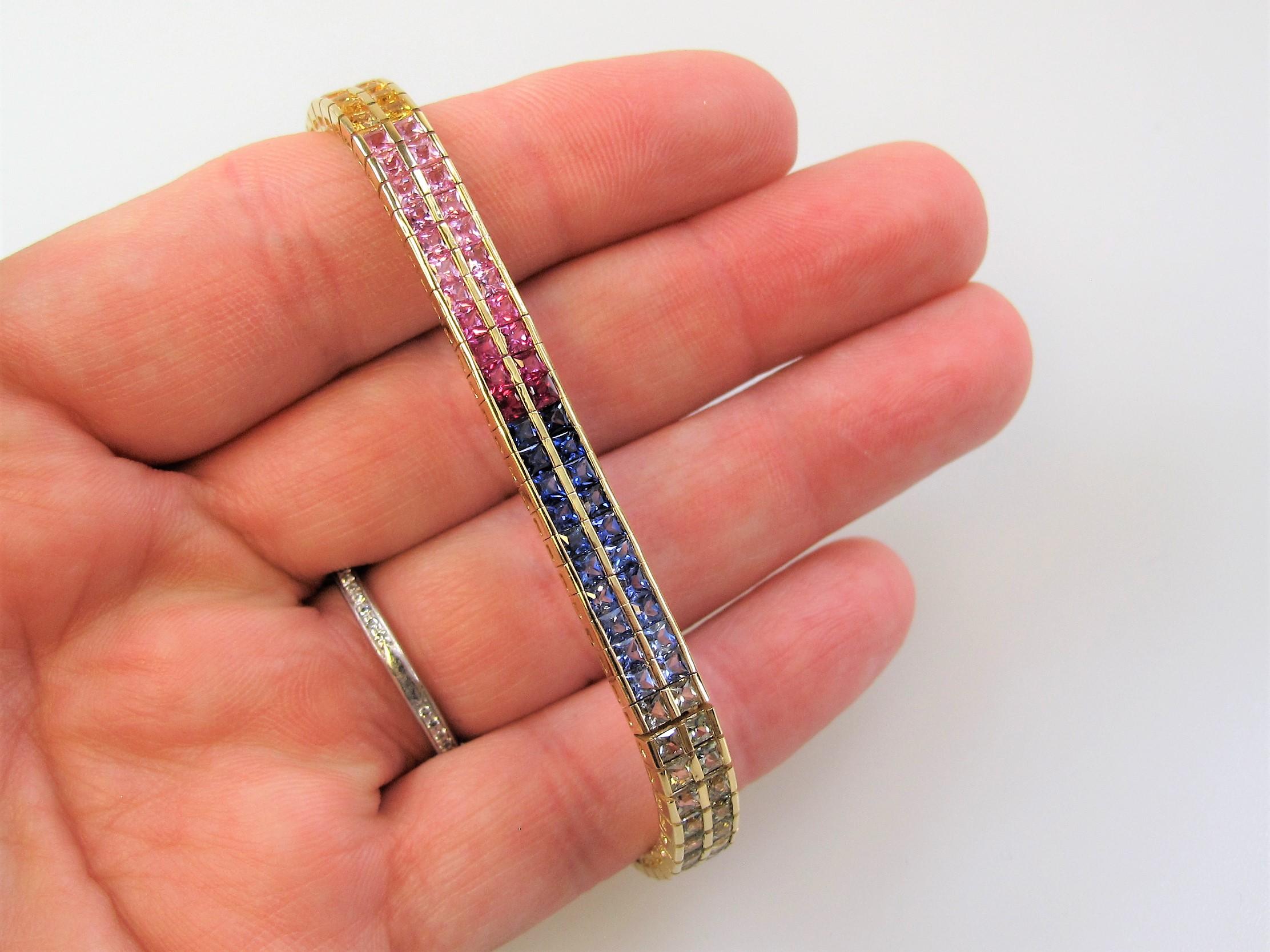 Multi Colored Sapphire Rainbow Bracelet 18 Karat Yellow Gold 11.33 Carats Total For Sale 1