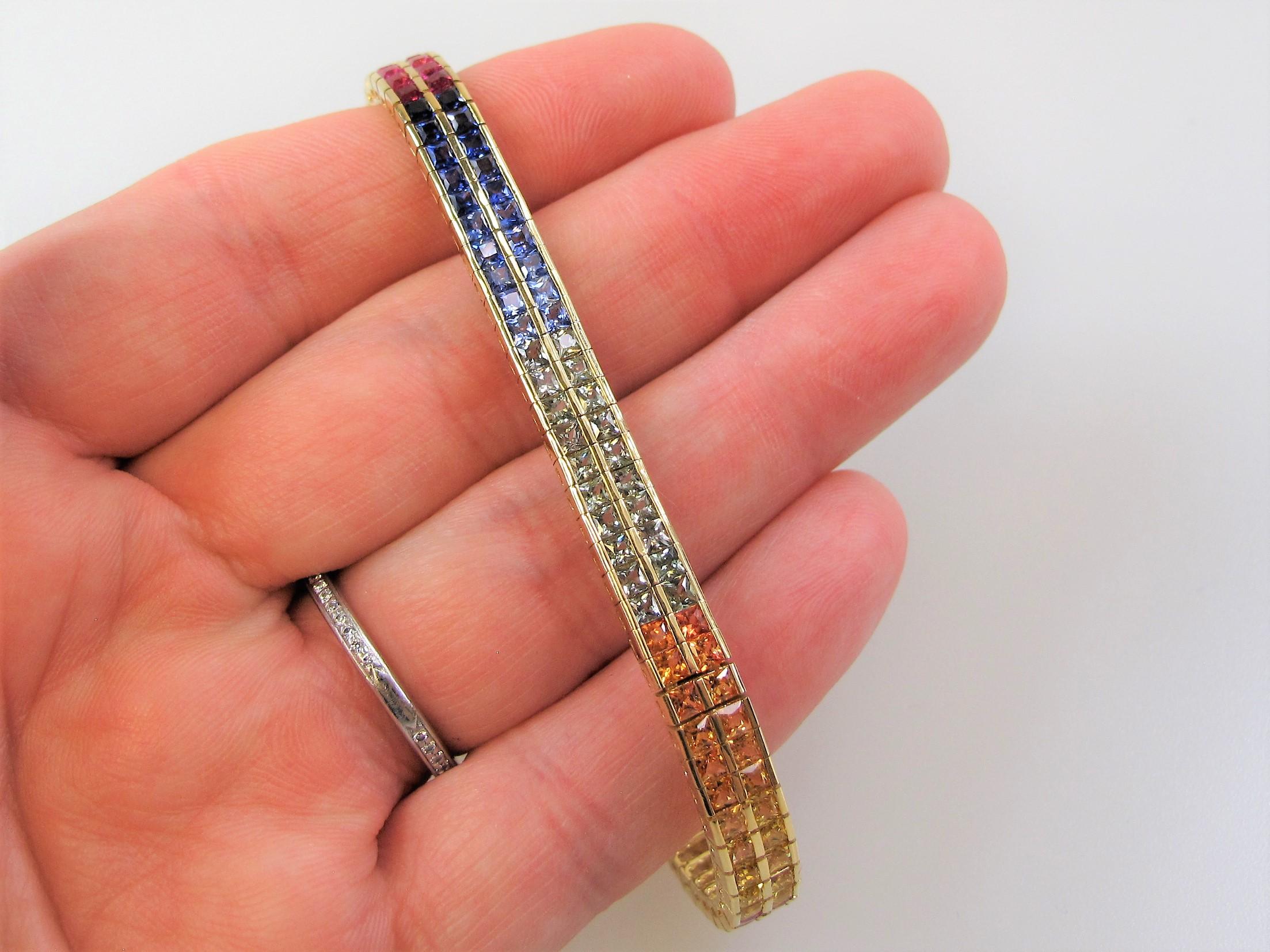 Multi Colored Sapphire Rainbow Bracelet 18 Karat Yellow Gold 11.33 Carats Total For Sale 2