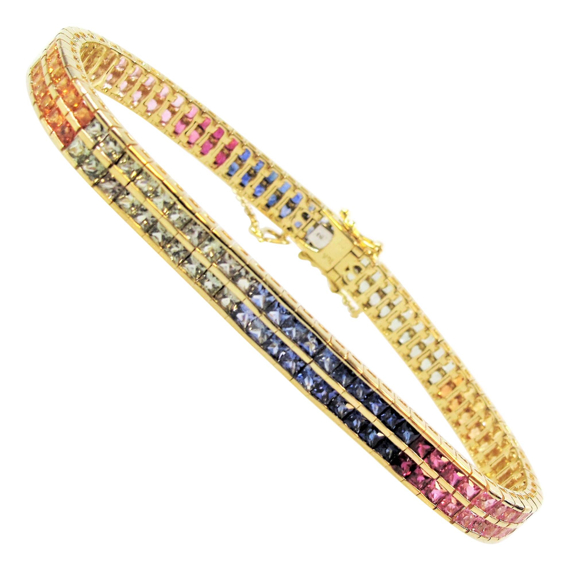 Multi Colored Sapphire Rainbow Bracelet 18 Karat Yellow Gold 11.33 Carats Total For Sale