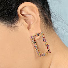 Multi Colored Sapphire Square Shape Stud Earrings in 18k Yellow Gold