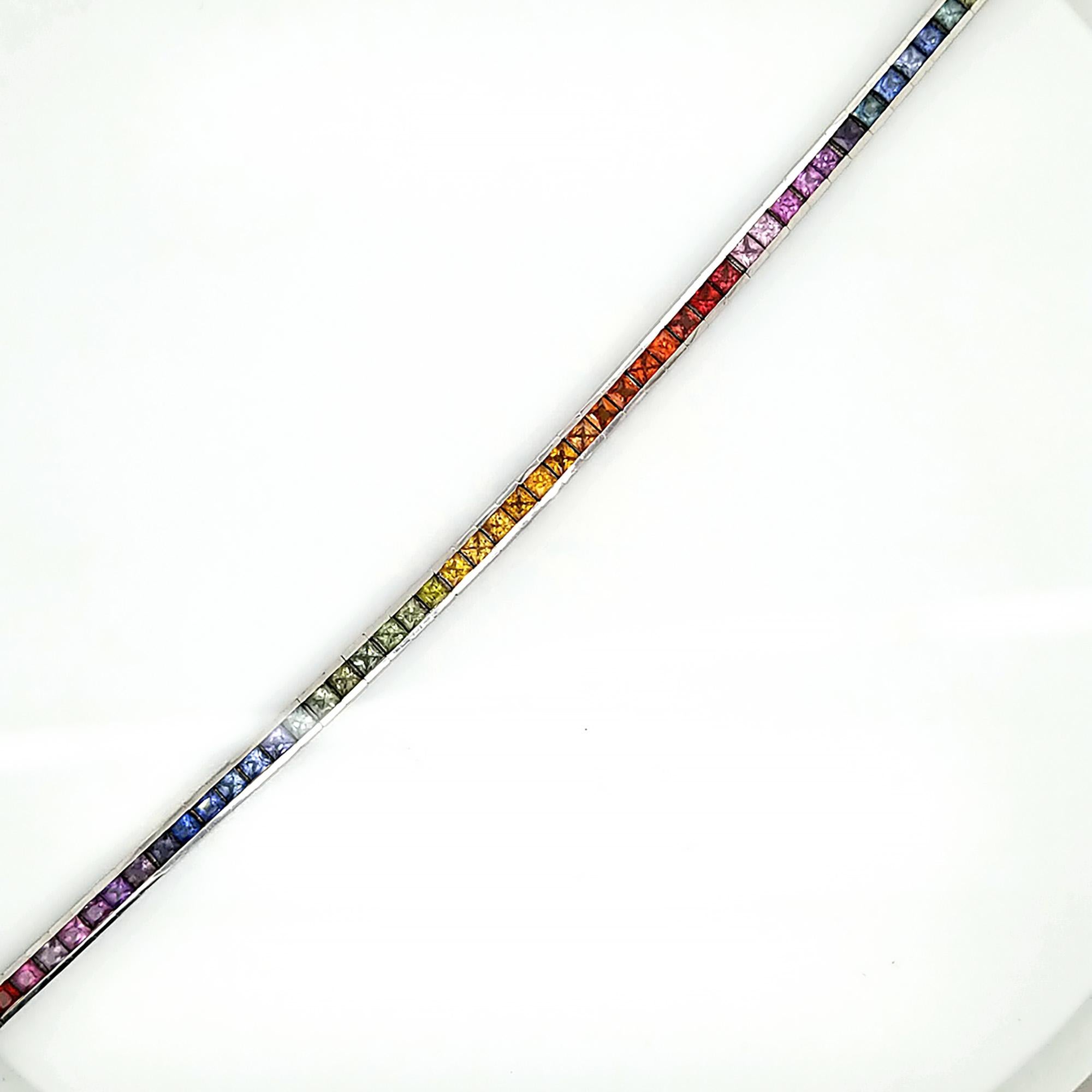 Multicolored Sapphire Tennis Bracelet in White Gold In New Condition In New York, NY