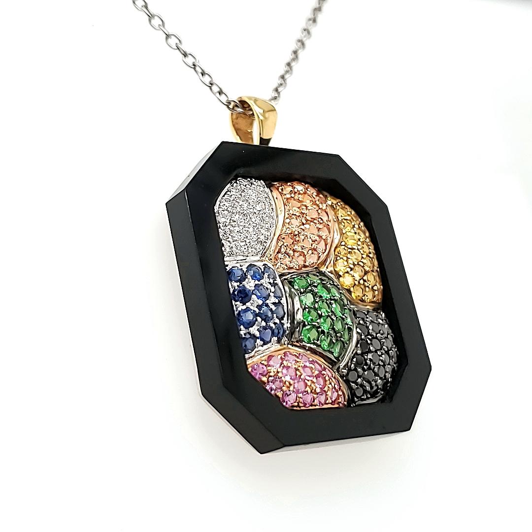 Contemporary Multi-Colored Sapphire, Tsavorite and Diamond Necklace in a Black Jade Ornamenta For Sale