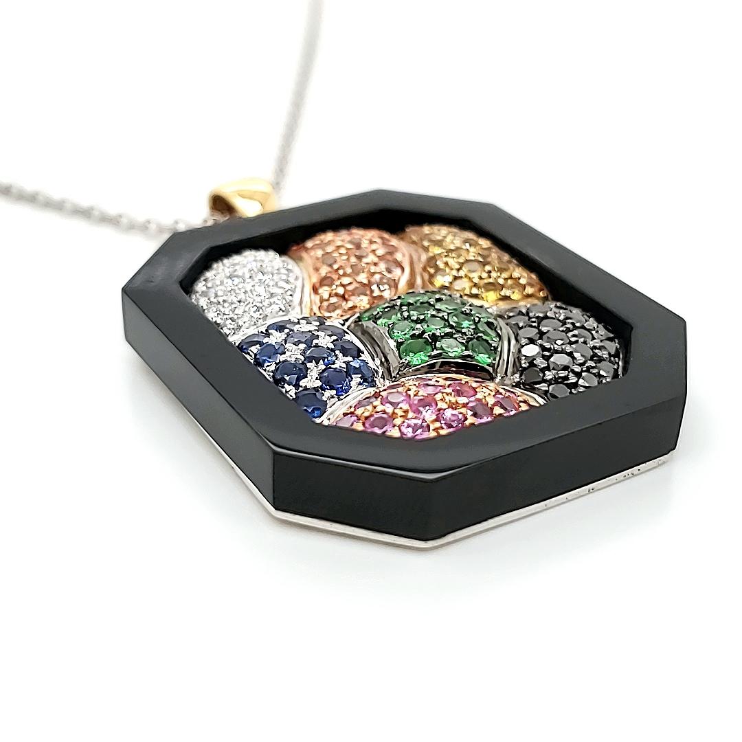 Round Cut Multi-Colored Sapphire, Tsavorite and Diamond Necklace in a Black Jade Ornamenta For Sale