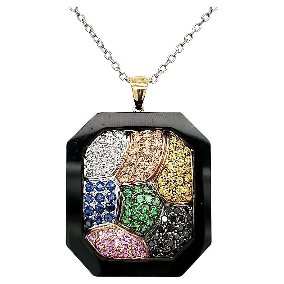 Multi-Colored Sapphire, Tsavorite and Diamond Necklace in a Black Jade Ornamenta For Sale