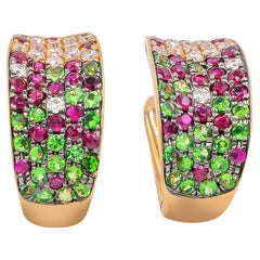 Multi-Colored Sapphires Cocktailed into 18k Rose Gold Petite Hoop Earrings