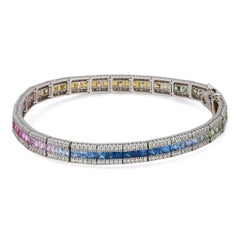 Multi Colored Sapphires & Diamonds Tennis Bracelet 14K White Gold 7 Inches