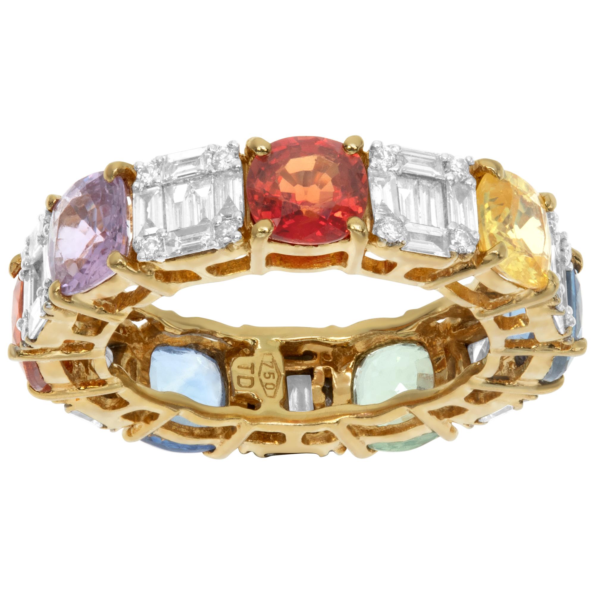 Multi-colored sapphires eternity band with mosaic of 6 baguette and 4 round diamonds 7 stations of G-H color, VS clarity diamonds total of approximately 1.40 carats. 18k. Size 5.25This Diamond/Sapphire/Ruby ring is currently size 5.25 and some items