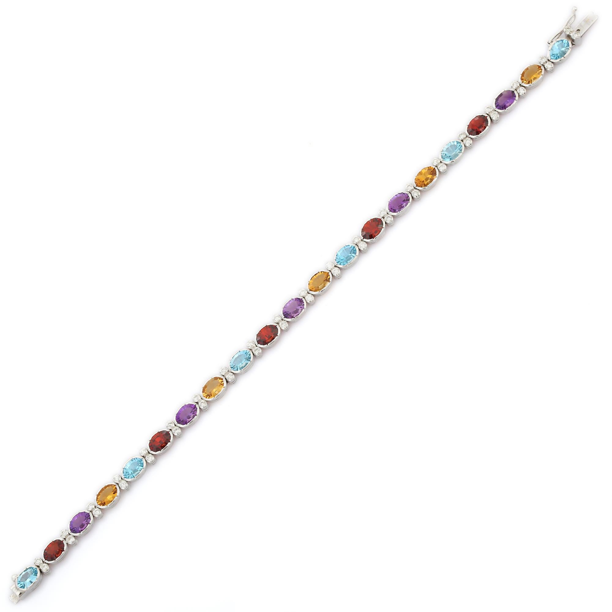 Semi precious gemstone bracelet in 18K Gold. It has a perfect oval cut gemstone studded with diamonds to make you stand out on any occasion or an event.
A tennis bracelet is an essential piece of jewelry when it comes to your wedding day. The sleek