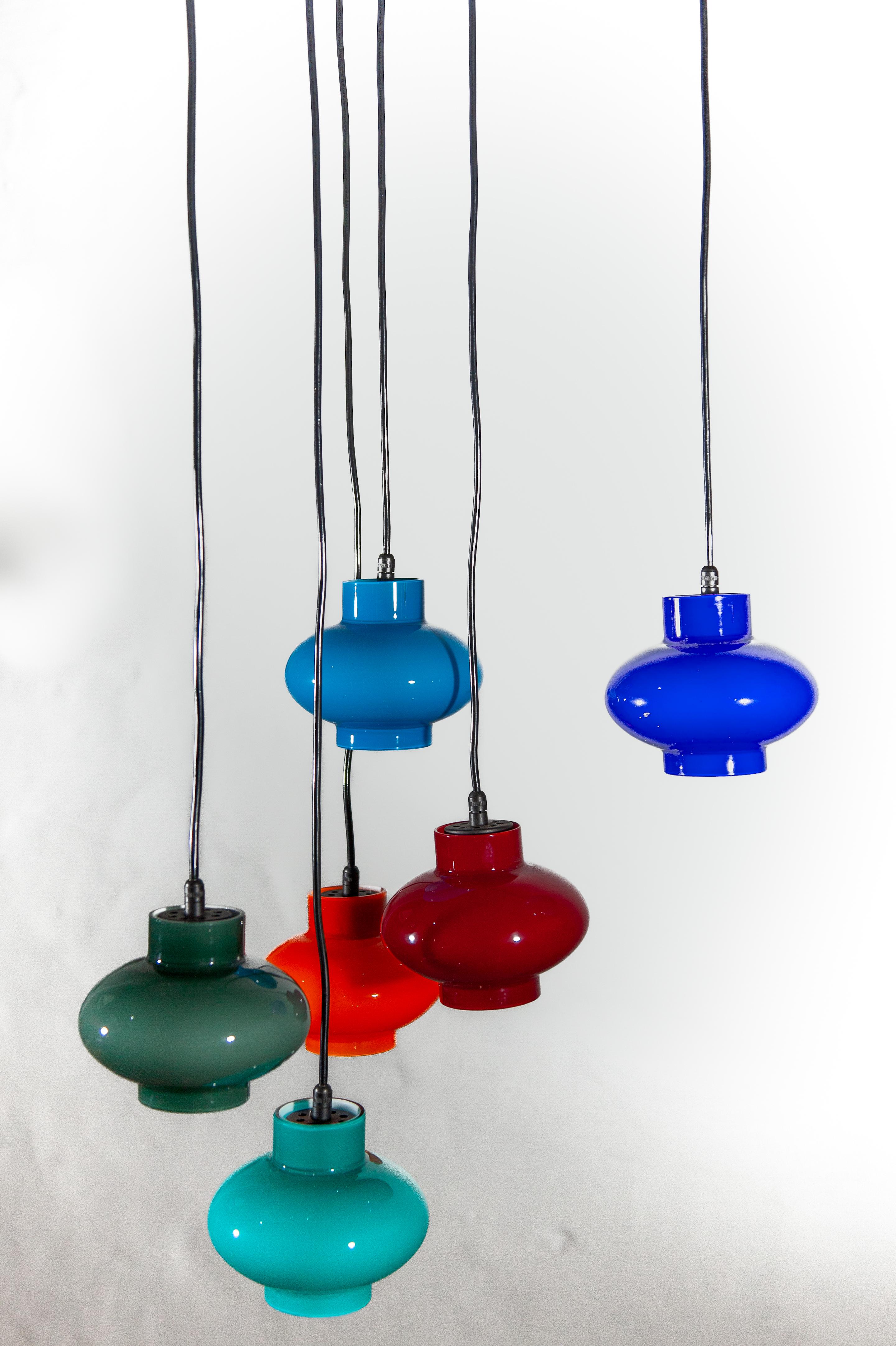 Mid-Century Modern Multi-colored Six Shades Cascade pendant designed by Peill & Putzler For Sale